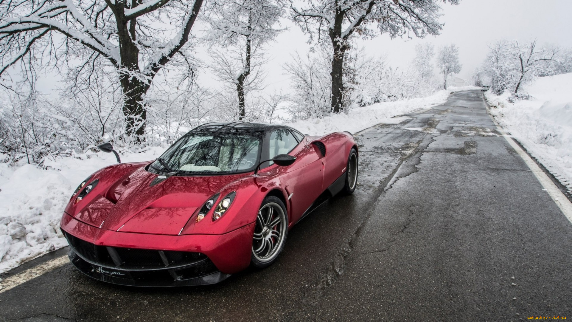 автомобили, pagani, красный, дорога, зима, снег
