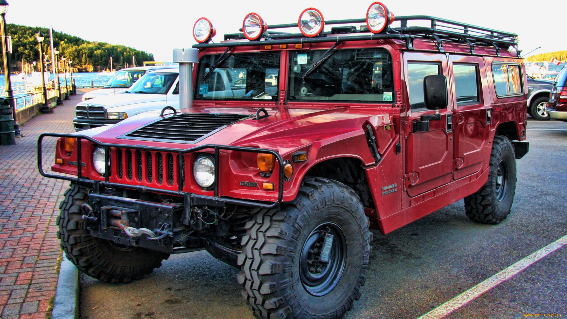 hammer, hdr, автомобили, hummer, красный, парковка