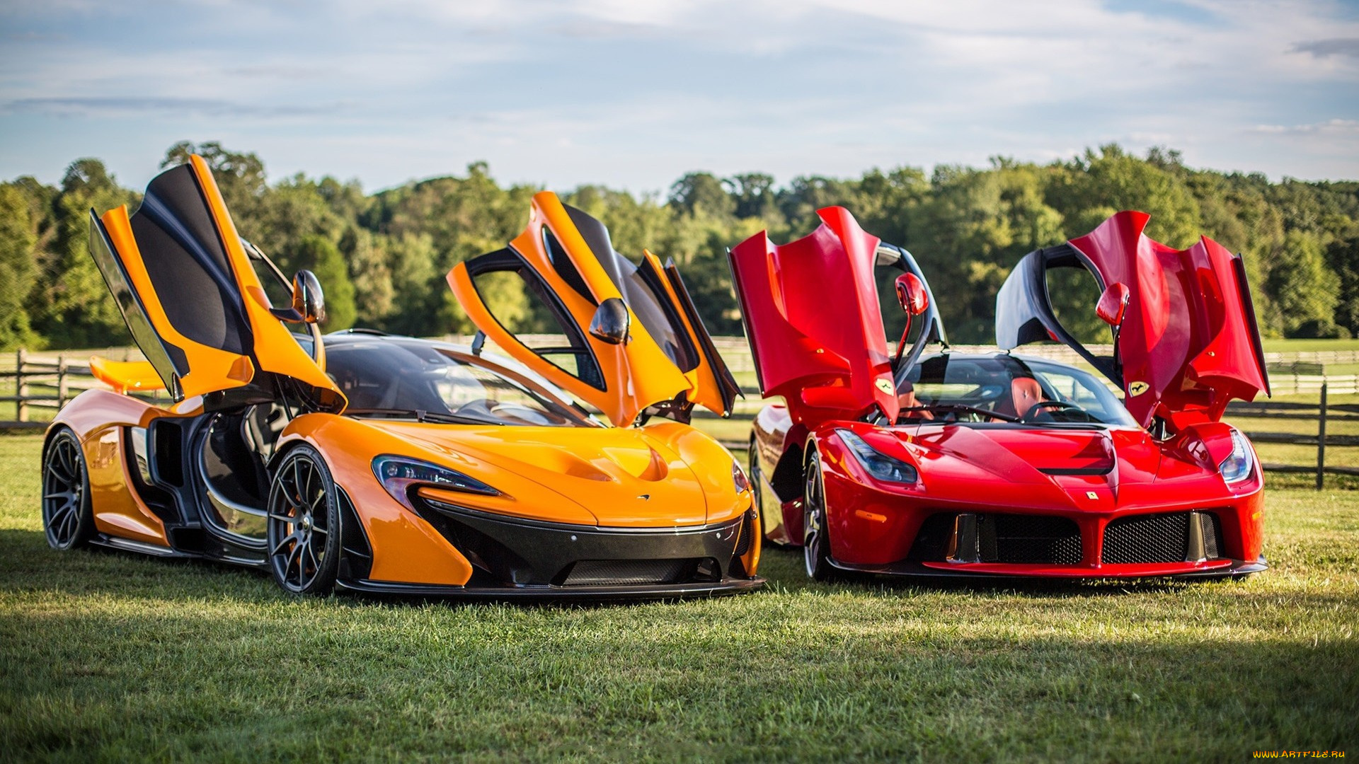 red, ferrari, laferrari, , mclaren, автомобили, разные, вместе, желтый, красный, лужайка, двери
