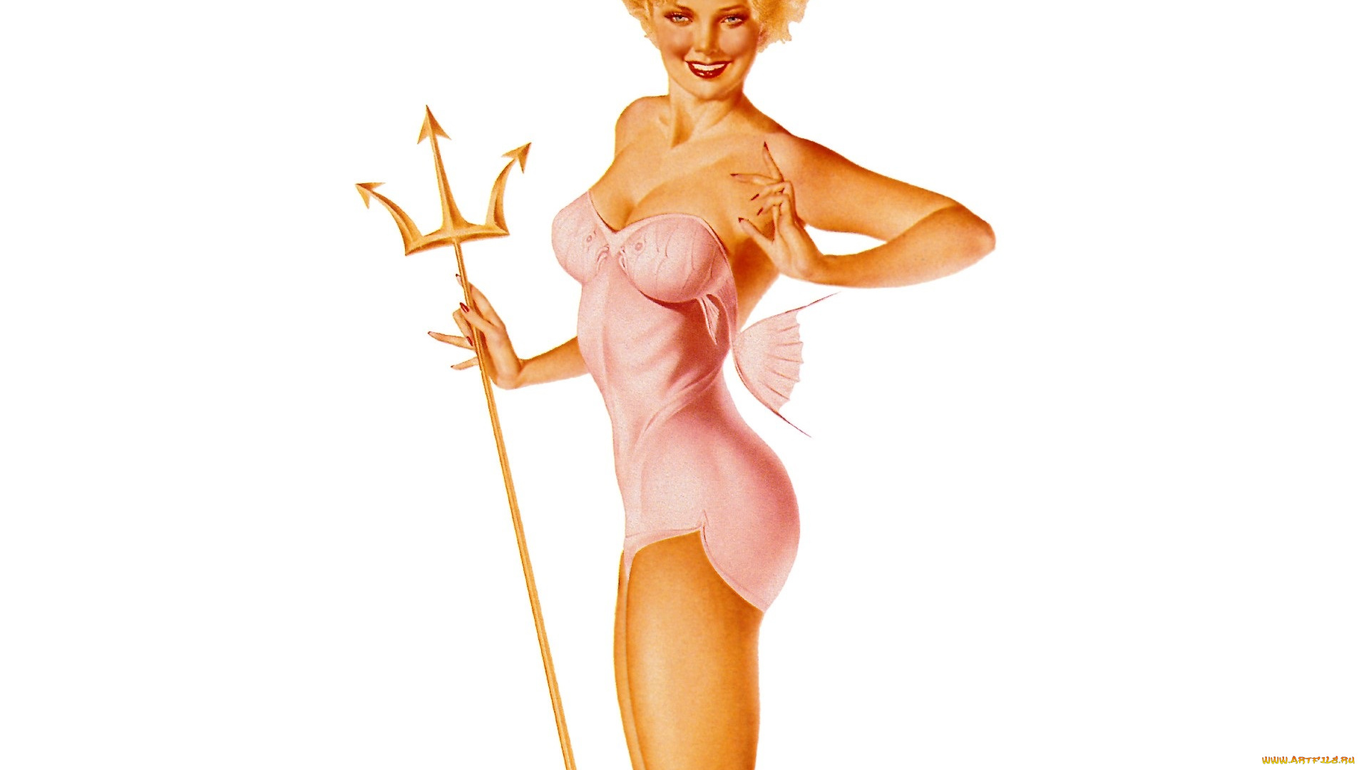 рисованное, alberto, vargas, девушка, купальник, трезубец