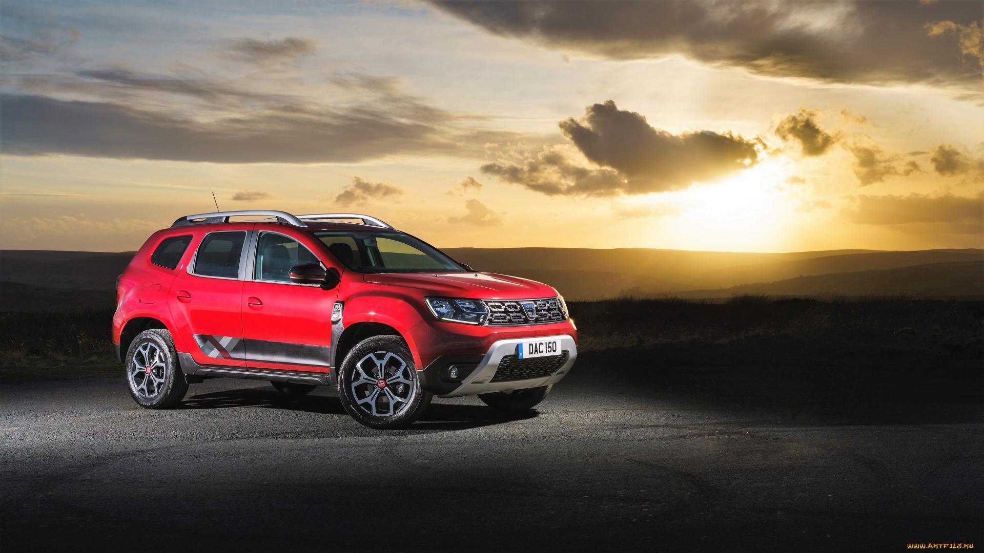 suv, dacia, duster, techroad, автомобили, dacia, красный, дорога, закат