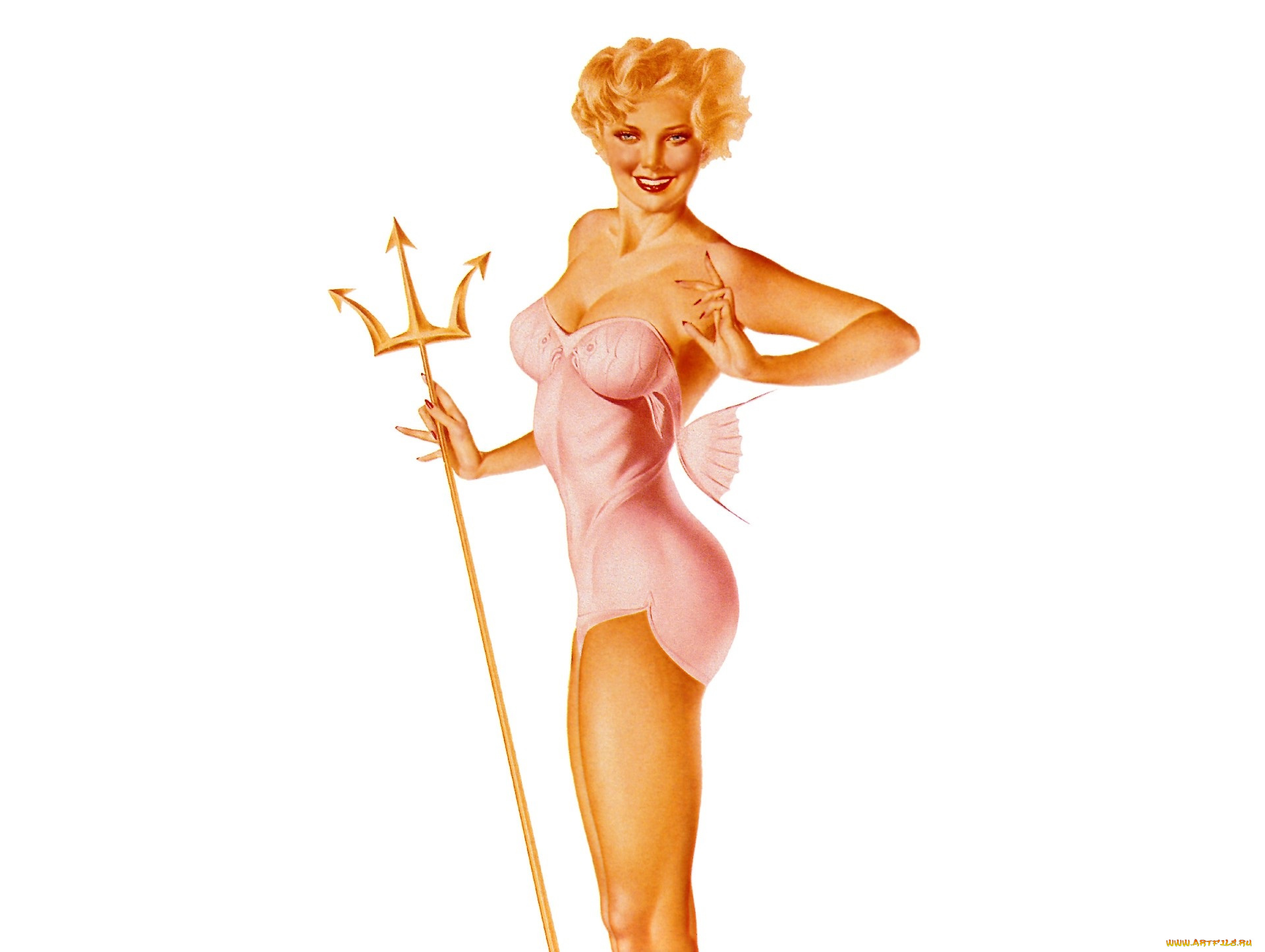 рисованное, alberto, vargas, девушка, купальник, трезубец