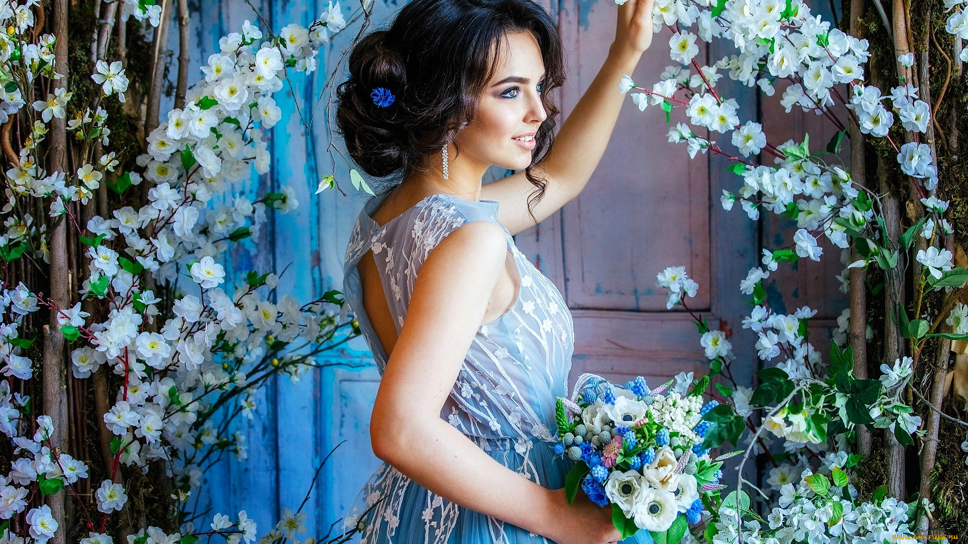 девушки, -, брюнетки, , шатенки, брюнетка, платье, цветы, дверь