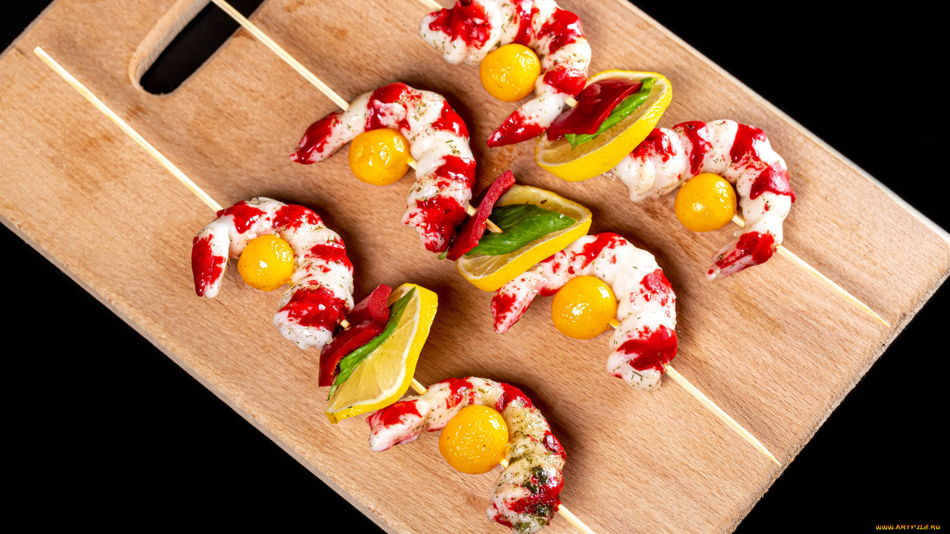 еда, рыбные, блюда, , с, морепродуктами, шпажки, креветки, лимон