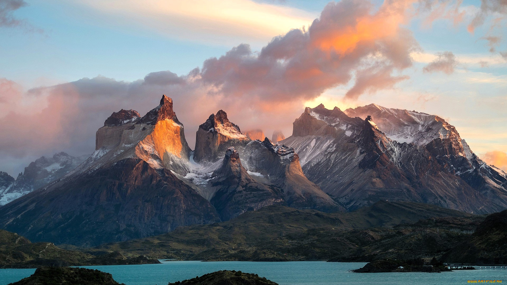 природа, горы, берег, острова, озеро, облака