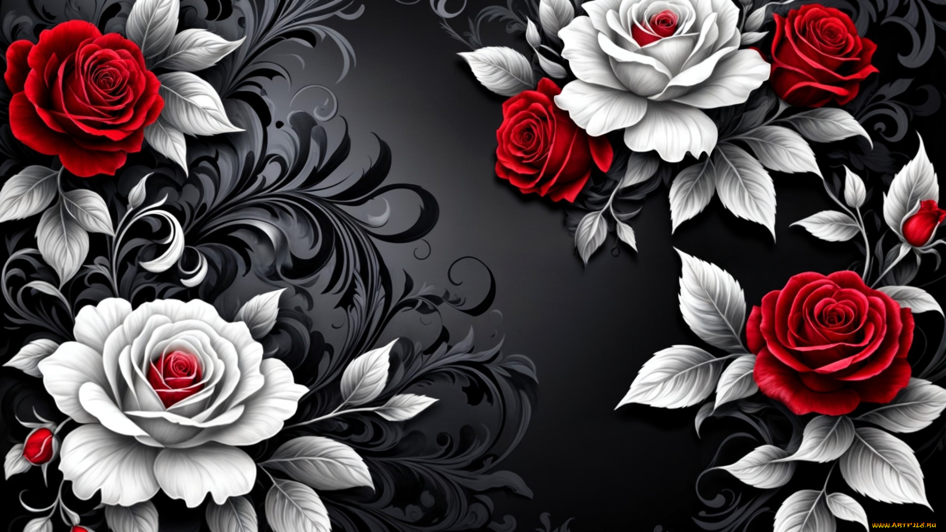 рисованное, цветы, розы, бутоны, листья, орнамент