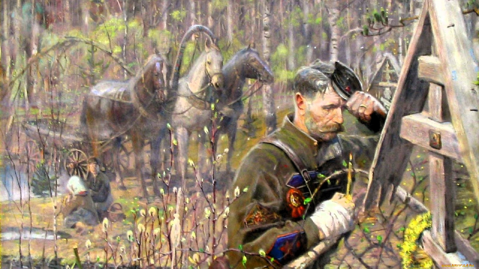 рисованное, павел, рыженко, солдат, могила, лошади, телега, лес