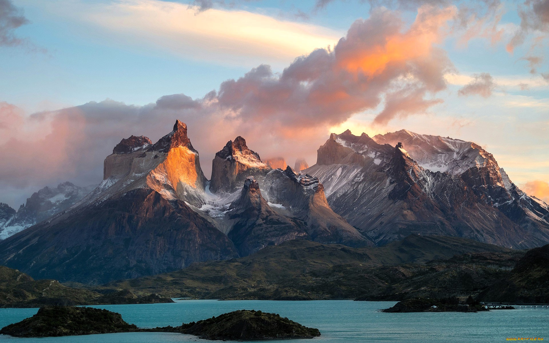 природа, горы, берег, острова, озеро, облака