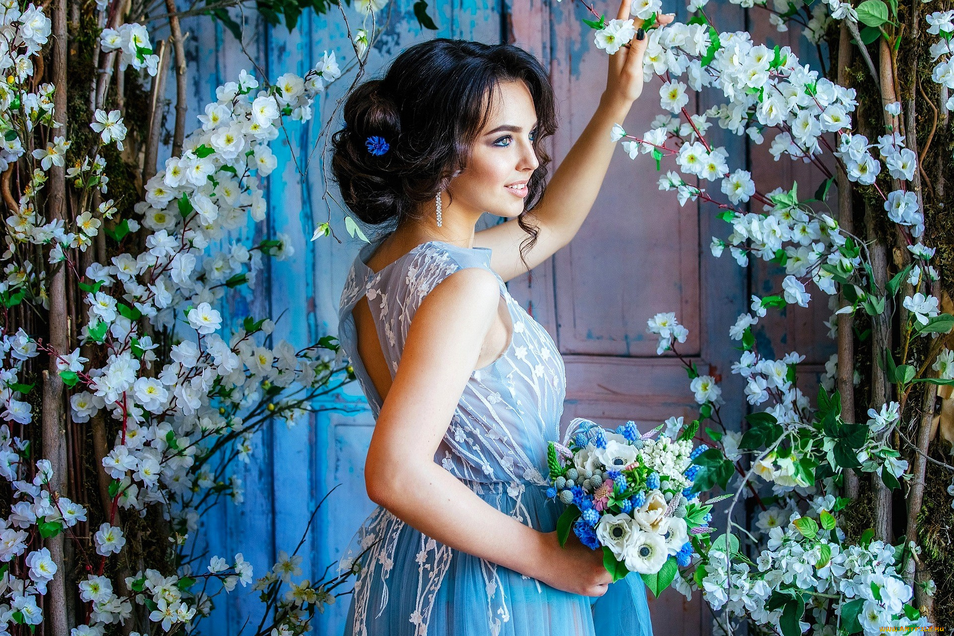 девушки, -, брюнетки, , шатенки, брюнетка, платье, цветы, дверь