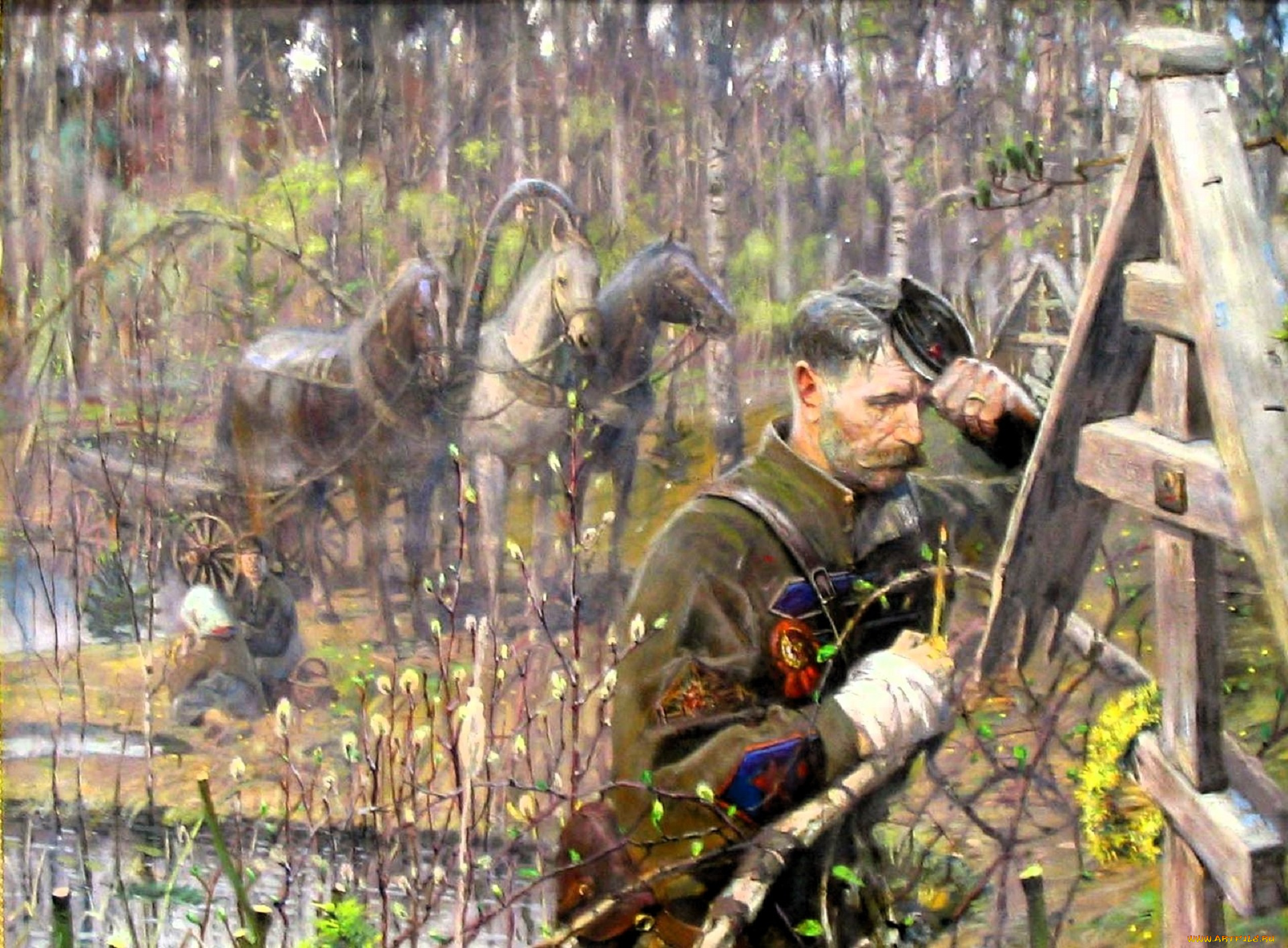 рисованное, павел, рыженко, солдат, могила, лошади, телега, лес