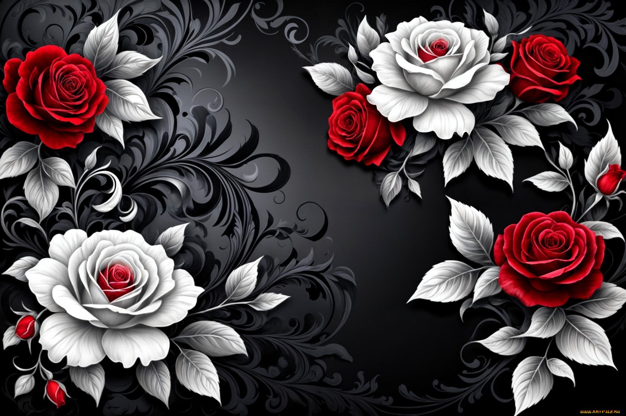 рисованное, цветы, розы, бутоны, листья, орнамент