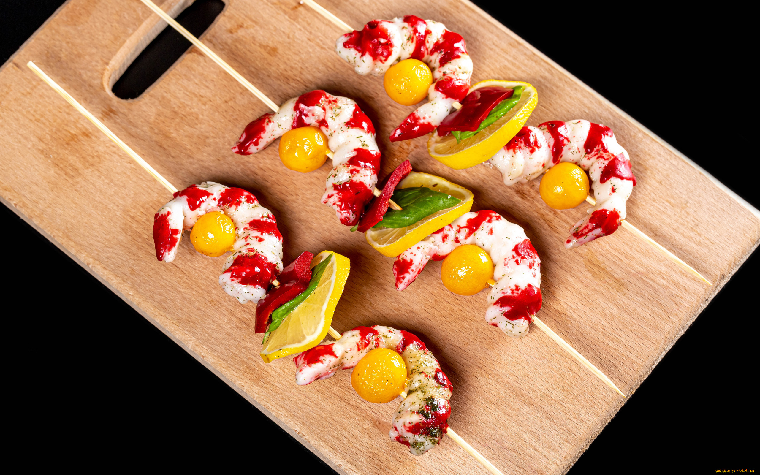 еда, рыбные, блюда, , с, морепродуктами, шпажки, креветки, лимон