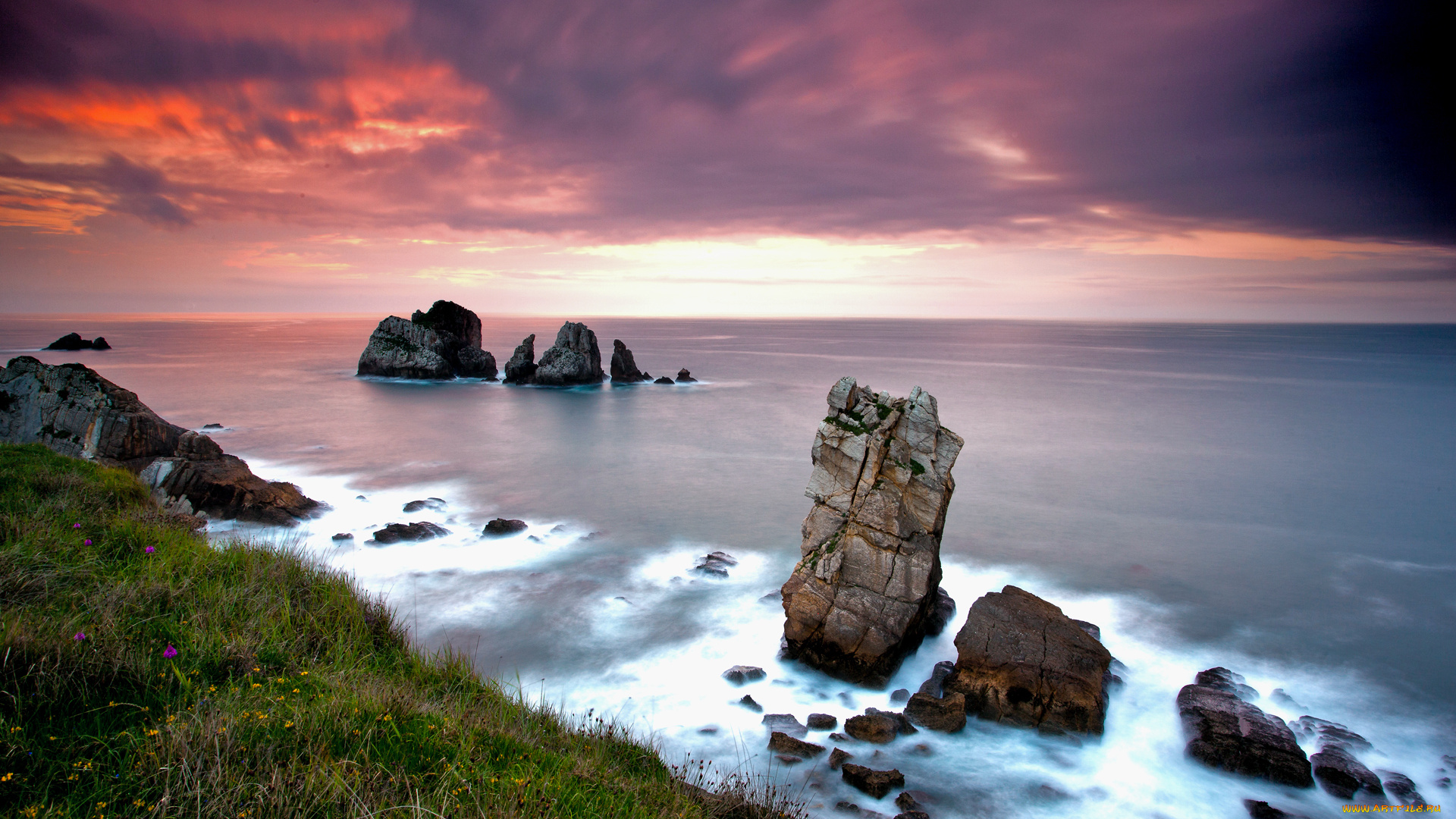 природа, побережье, закат, море, камни