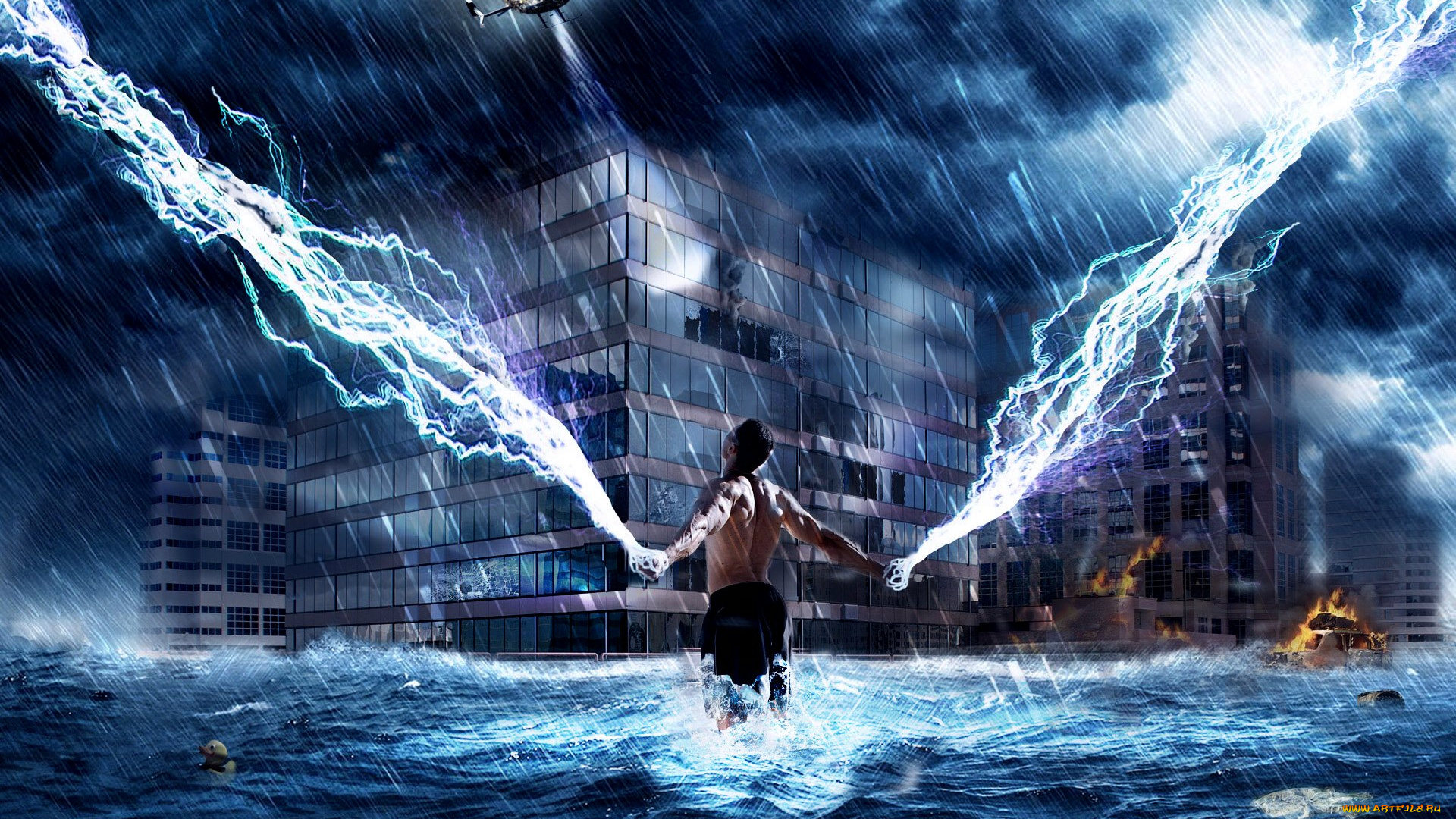 lightening, man, разное, компьютерный, дизайн, здания, молнии, человек, вода