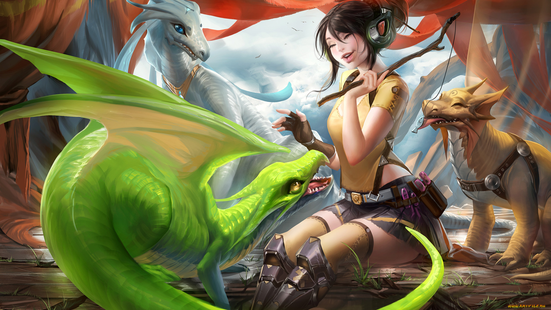 фэнтези, красавицы, чудовища, девушка, драконы, удочка