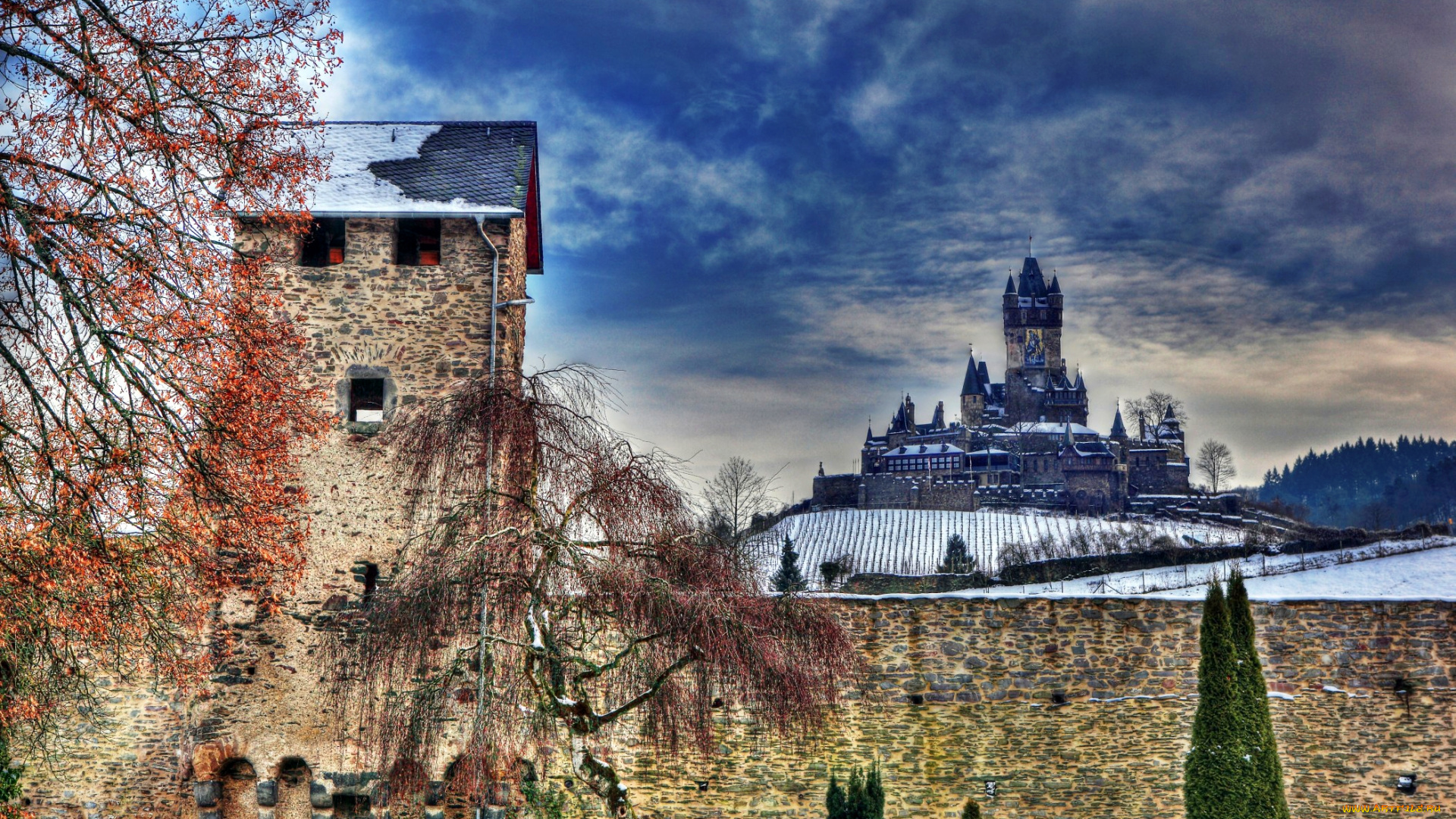 города, кохем, германия, замок, крепость, стена, город