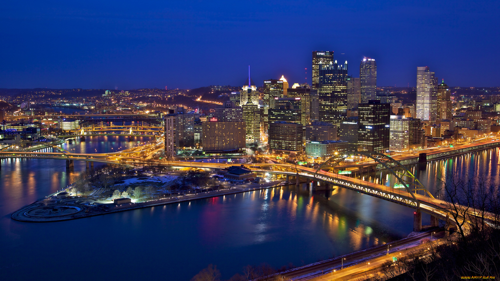 pittsburgh, usа, города, огни, ночного, дома, мост, река, ночь