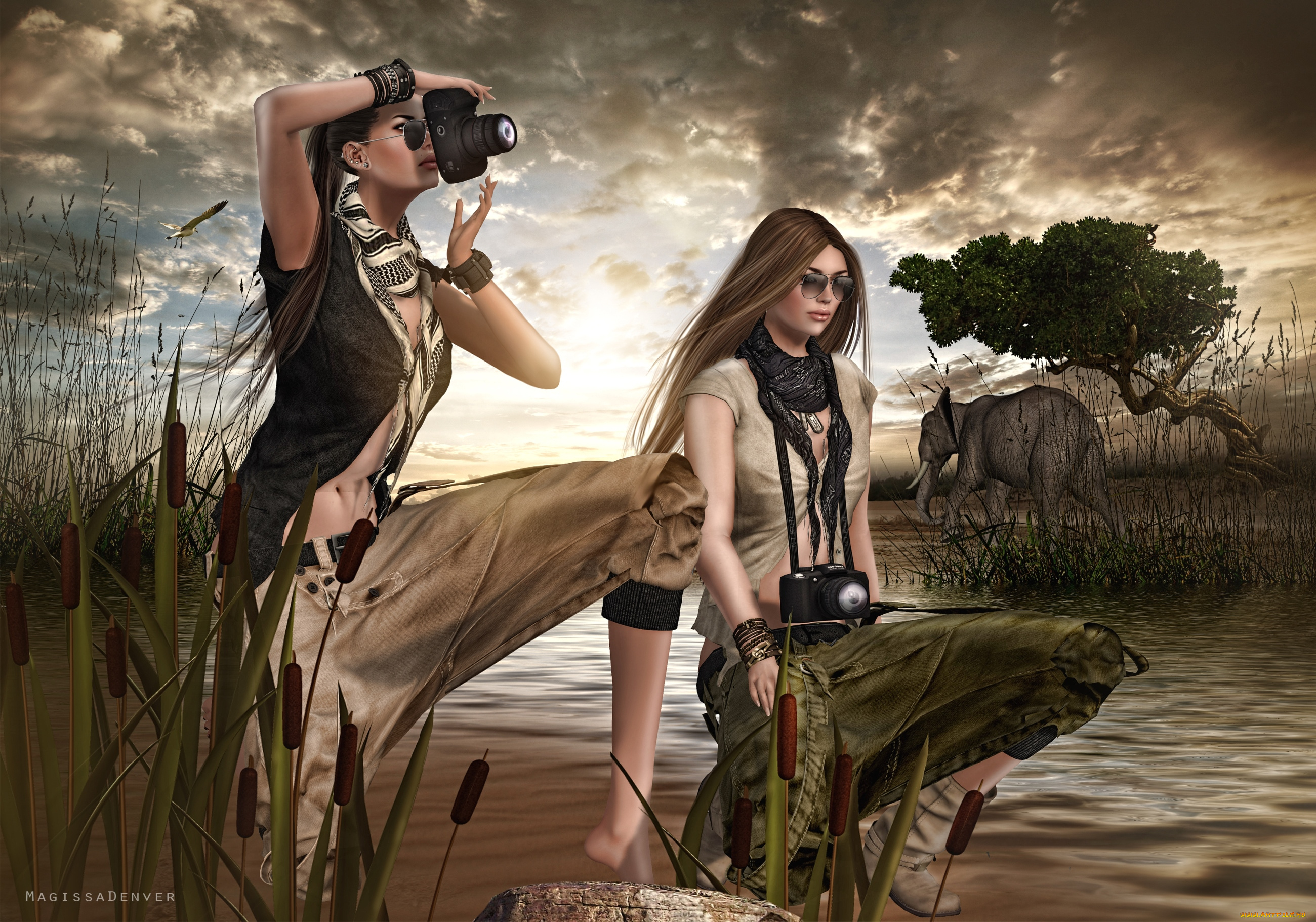 3д, графика, people, люди, фотограф, девушки, река