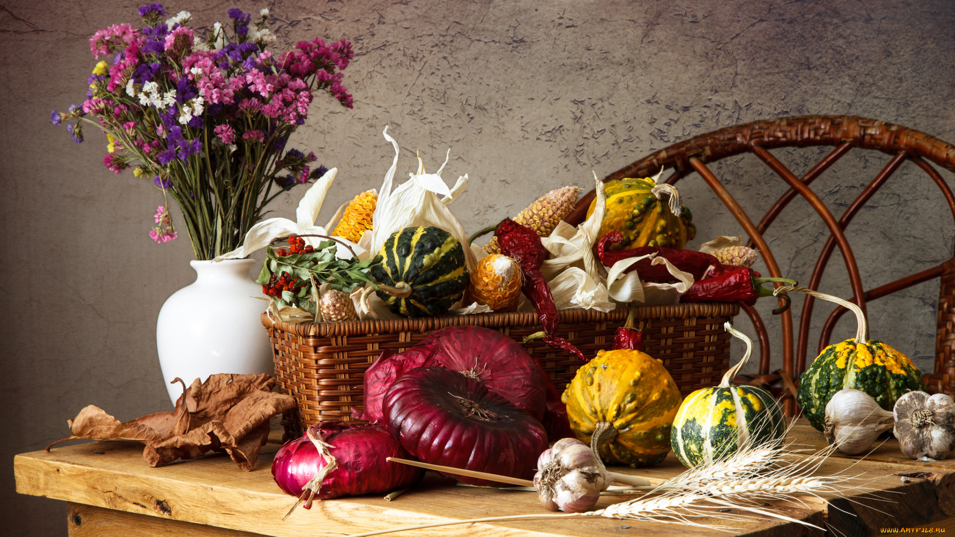 еда, натюрморт, лук, тыква, цветы
