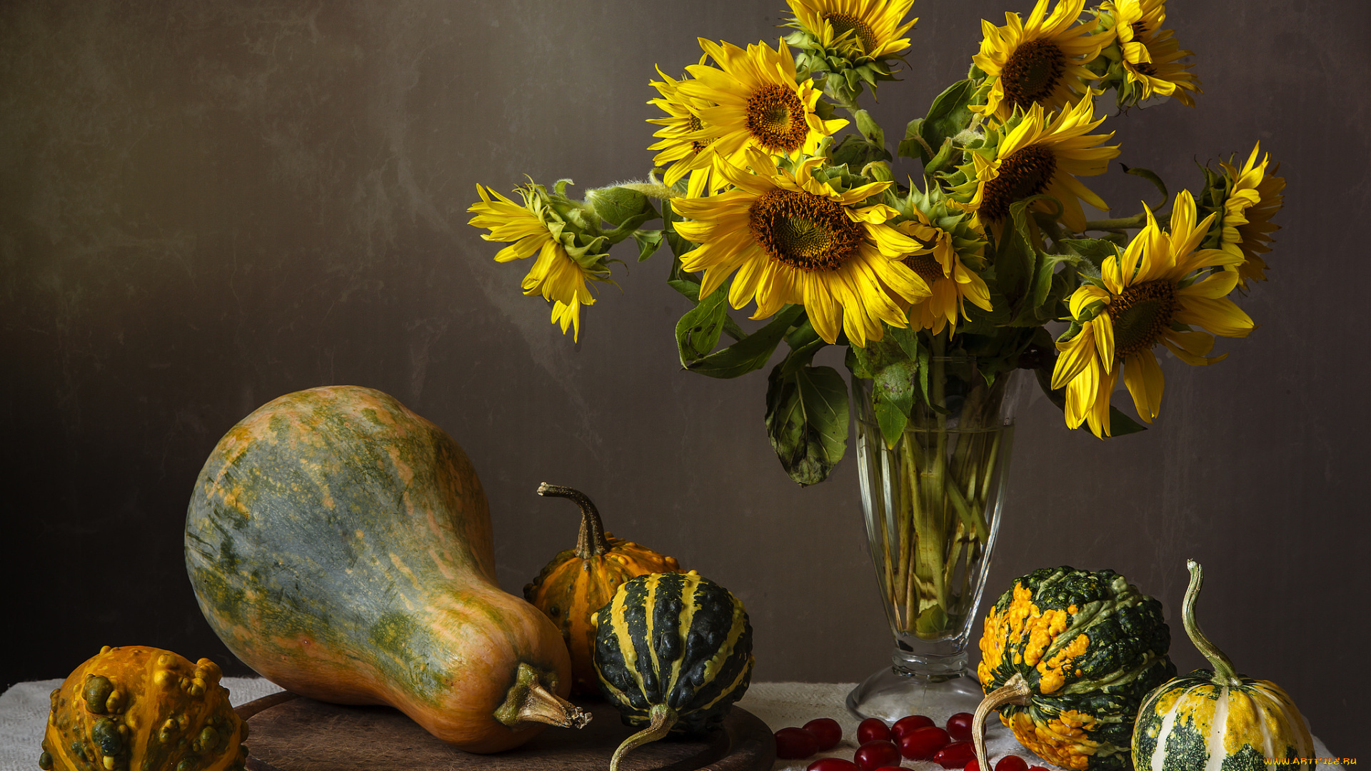 еда, тыква, подсолнух, цветы, кизил