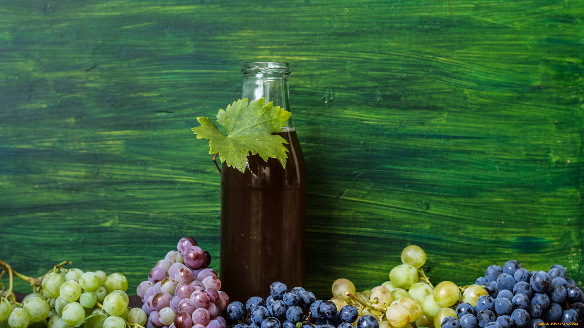 еда, виноград, бутылка, сок, листик, грозди