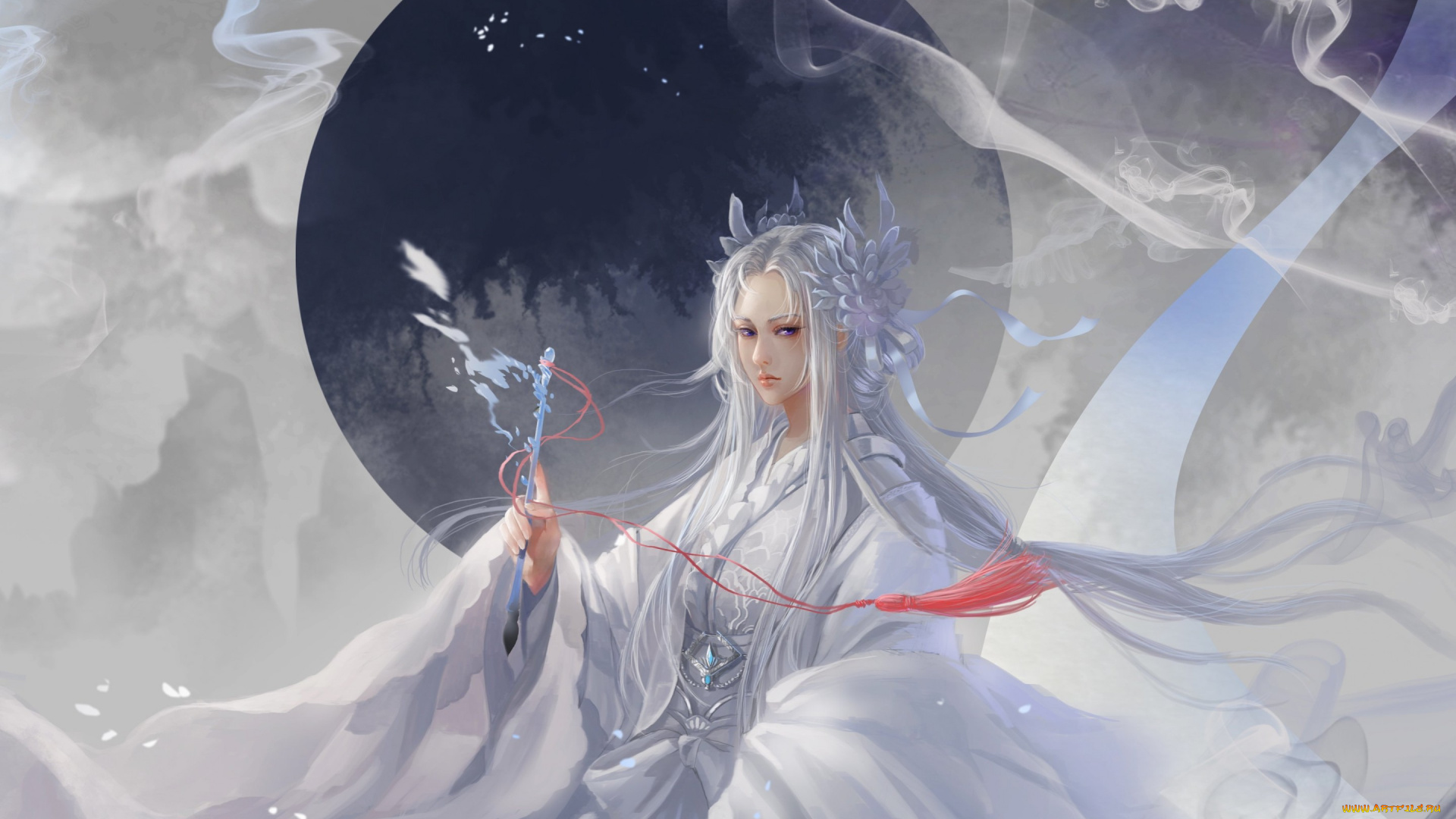 фэнтези, девушки, арт, длинные, волосы, девушка, кимоно, взгляд