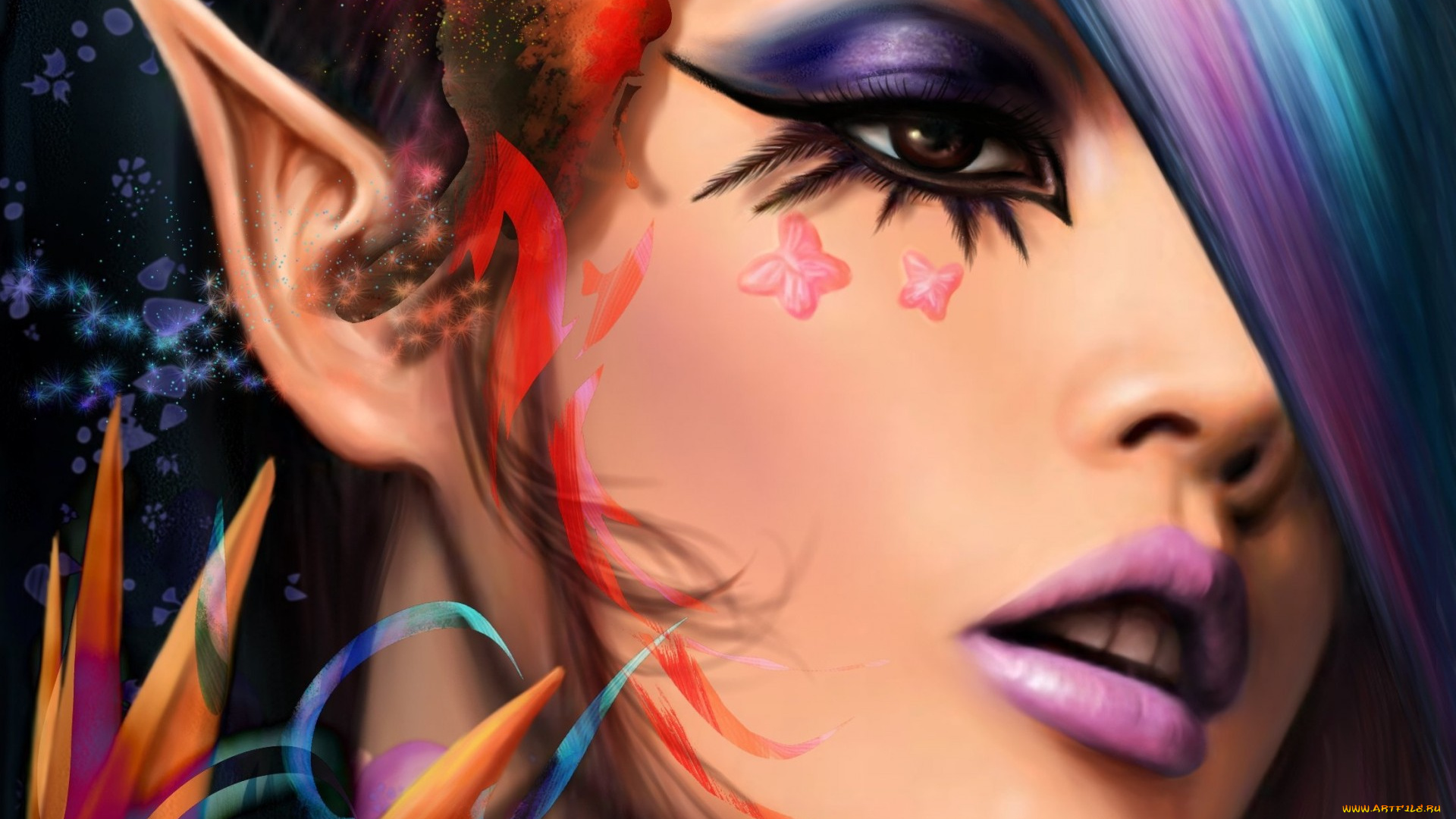 фэнтези, эльфы, бабочки, лицо, взгляд, макияж, уши, эльфийка, арт