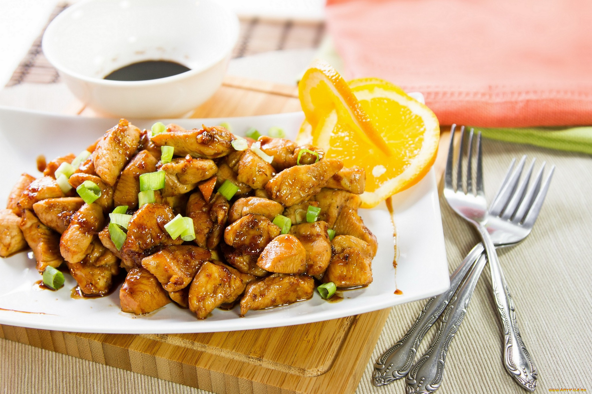 еда, мясные, блюда, мясо, зелень, долька, апельсин