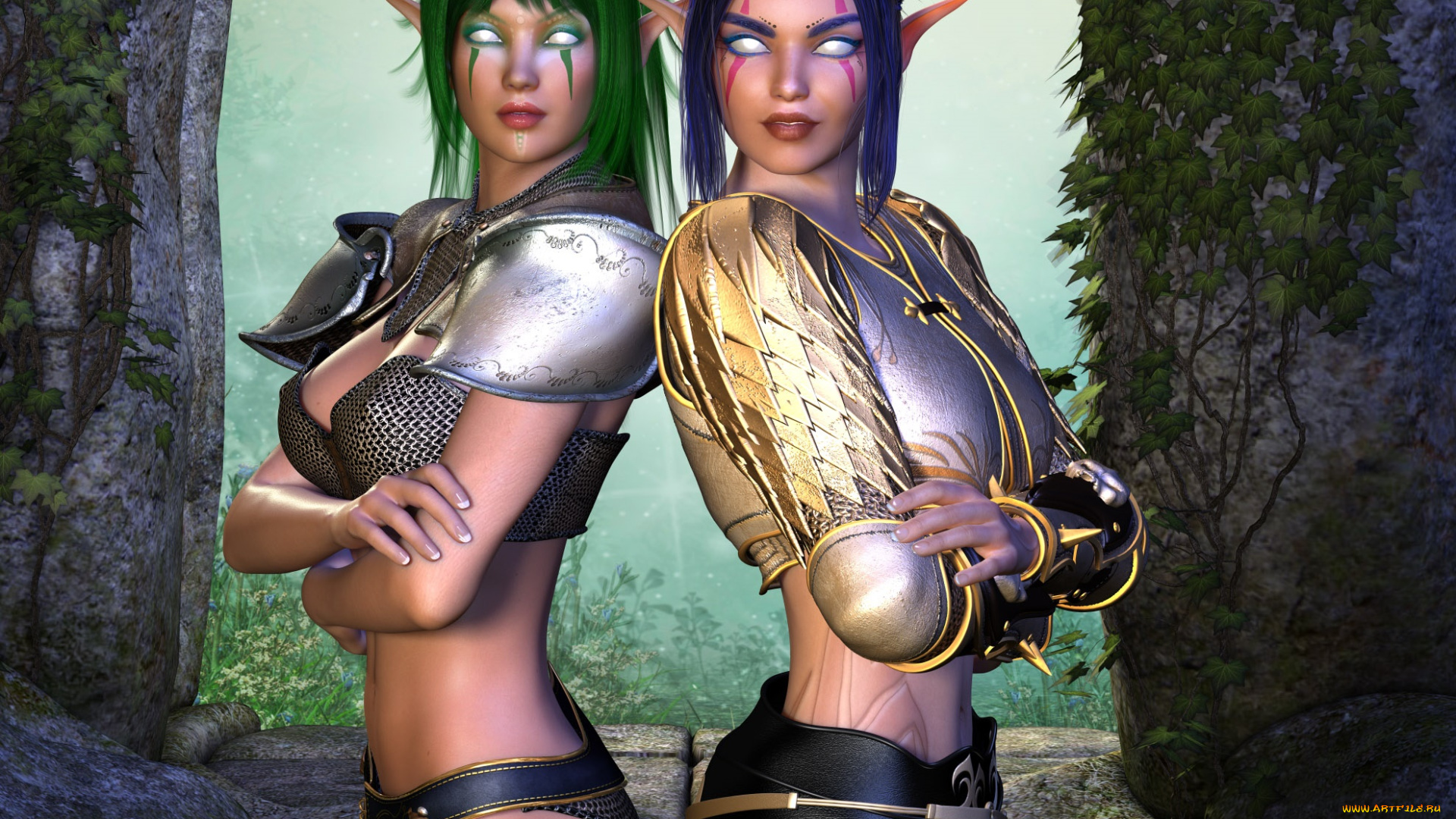 3д, графика, эльфы, , elves, фон, взгляд, эльфийки
