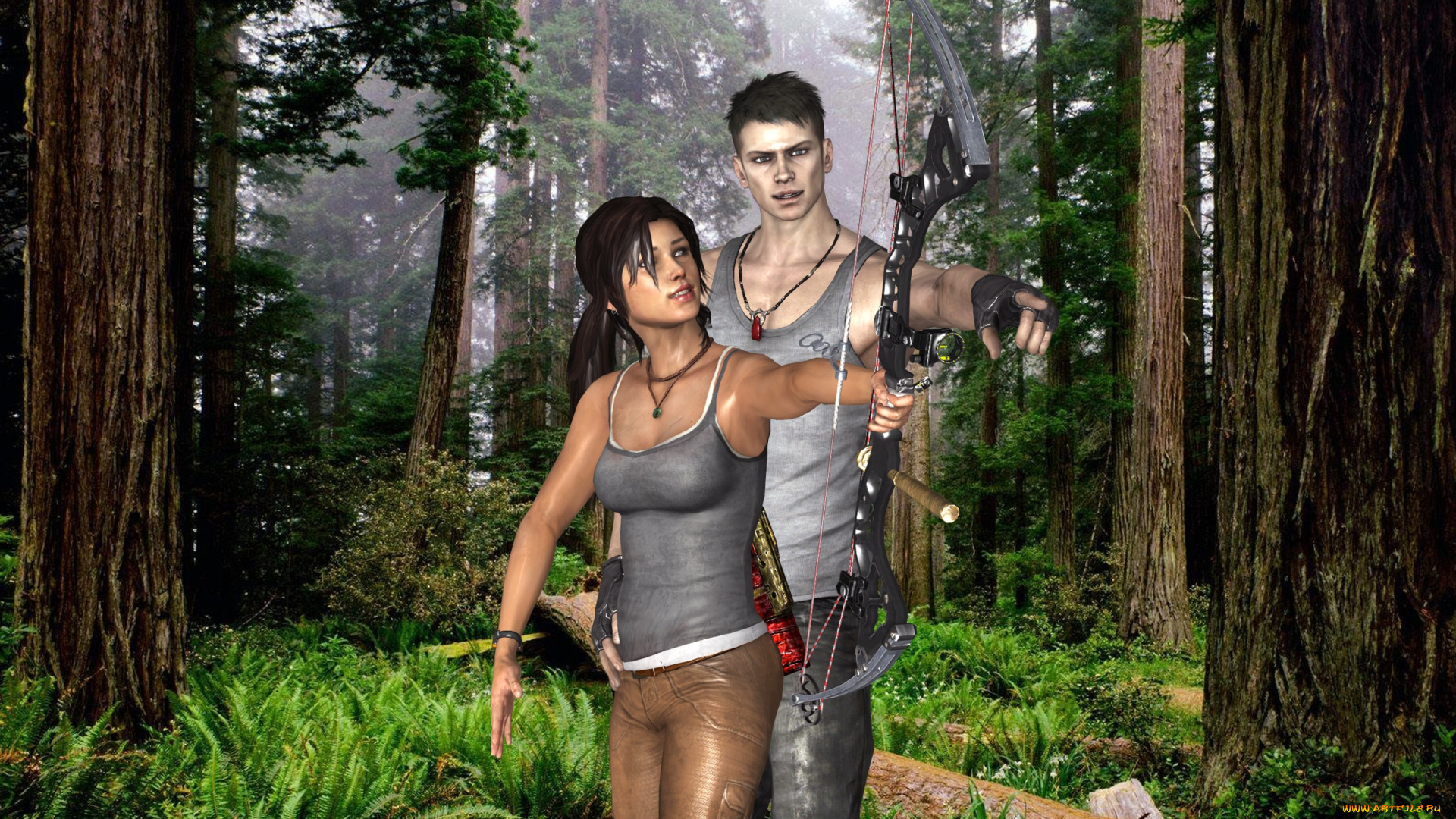 3д, графика, люди, , people, взгляд, девушка, лук, парень, фон