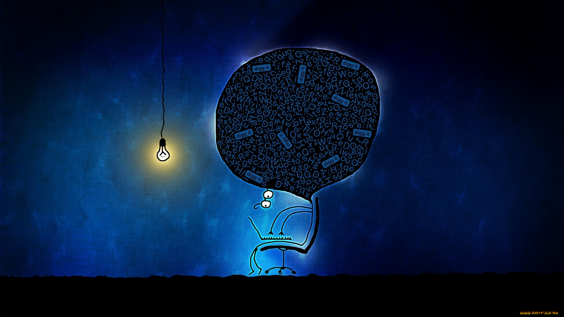 рисованное, vladstudio, лампа, компьютер, мозг, человек