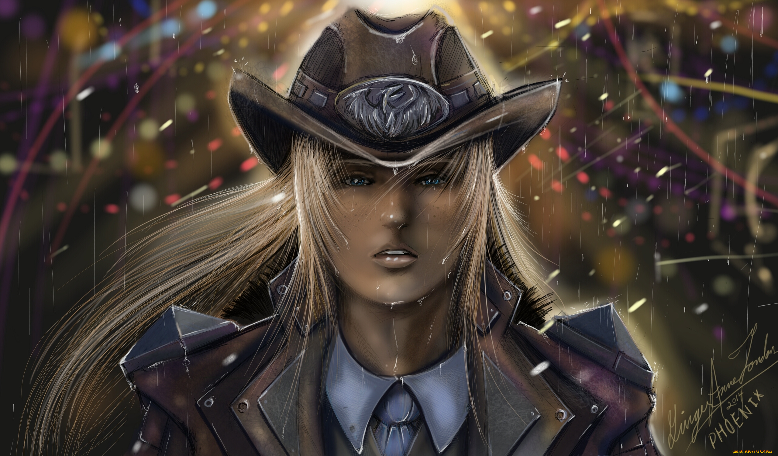 рисованное, люди, лицо, девушка, шляпа, rain, дождь