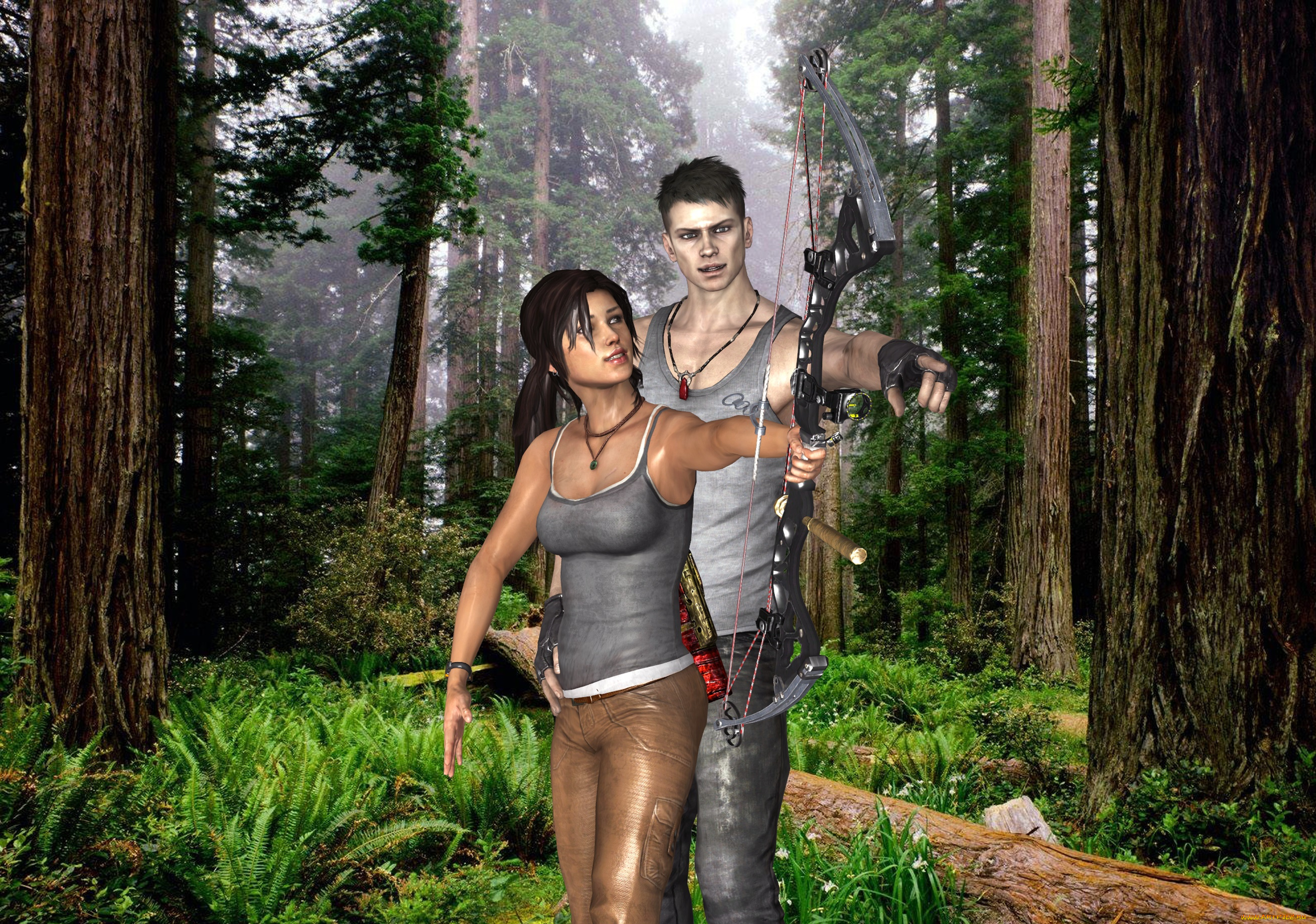 3д, графика, люди, , people, взгляд, девушка, лук, парень, фон