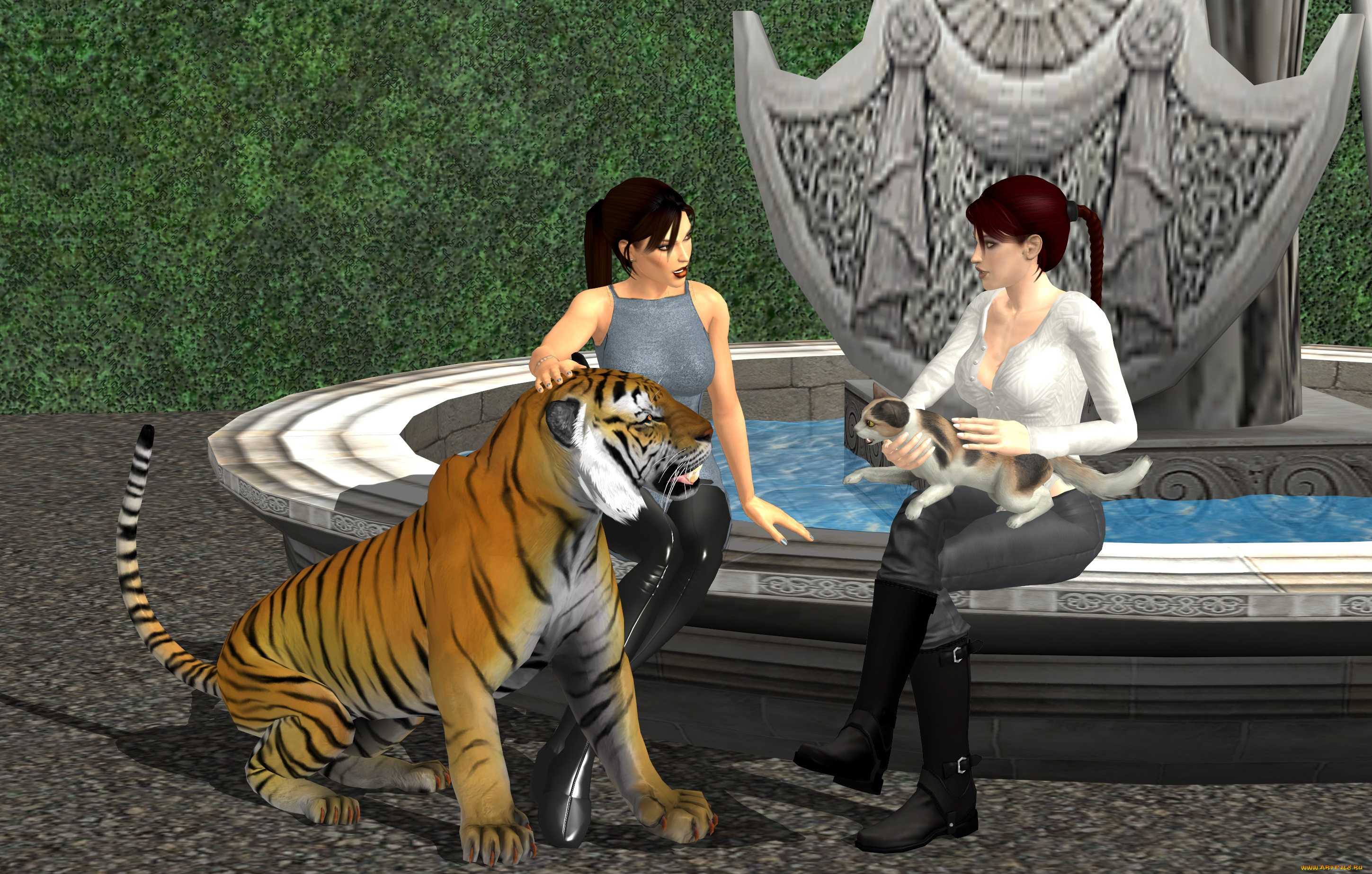 3д, графика, люди, и, животные, , people, and, animals, тигр, фон, взгляд, кошка, девушки