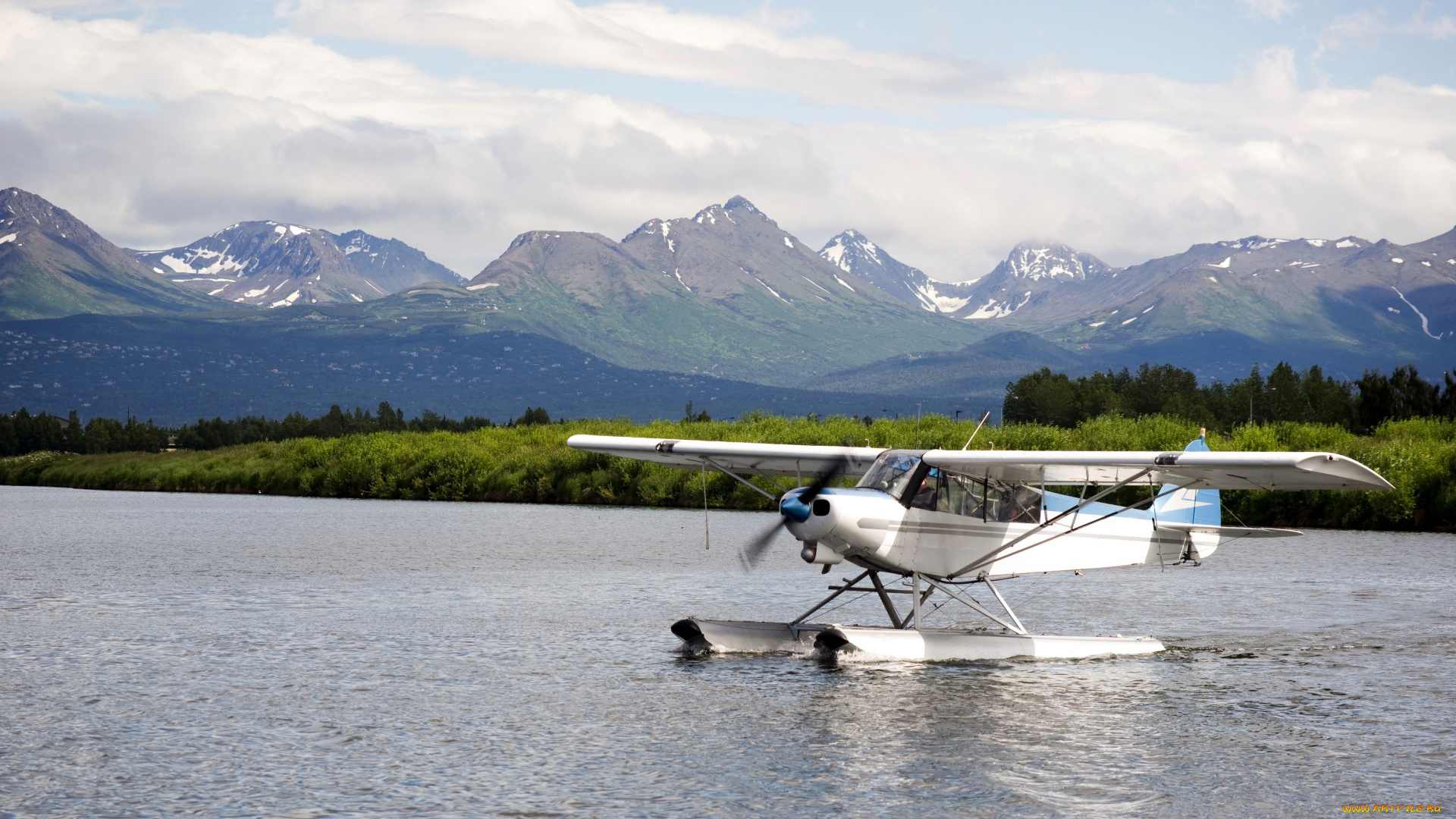 авиация, самолёты, амфибии, горы, на, воде, гидросамолет, пейзаж, река, облака