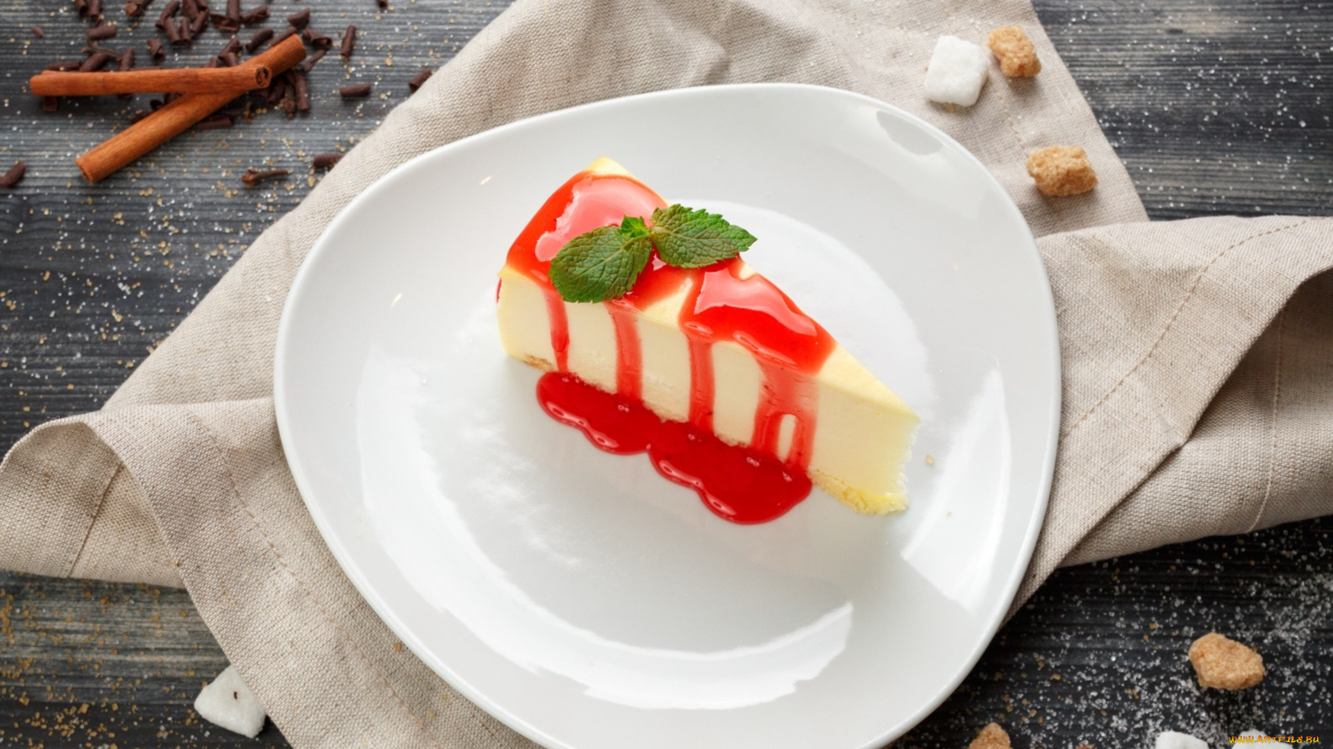 еда, торты, чизкейк, сироп, корица, клубника, десерт