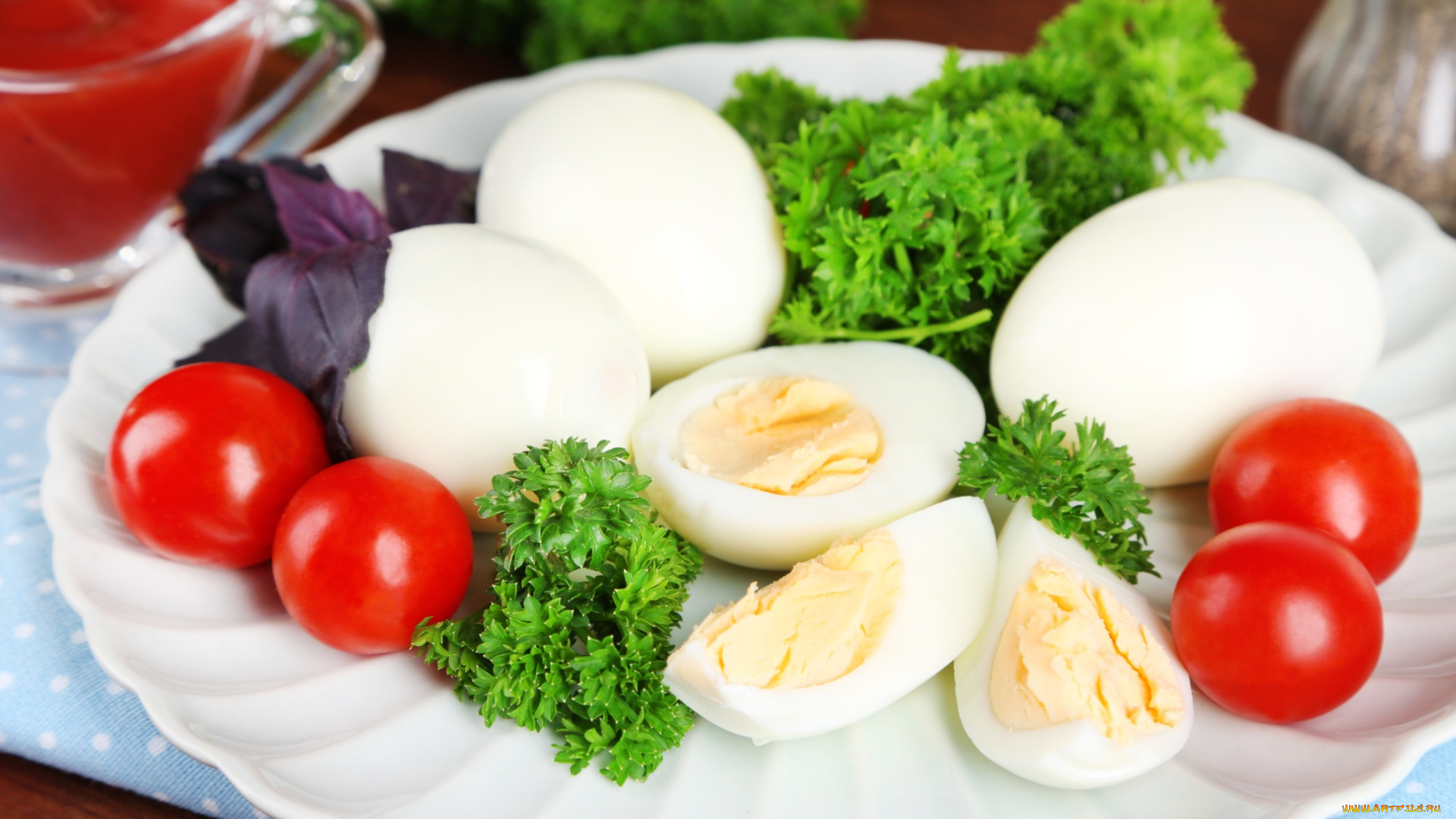 еда, Яйца, помидоры, петрушка, яйца, базилик