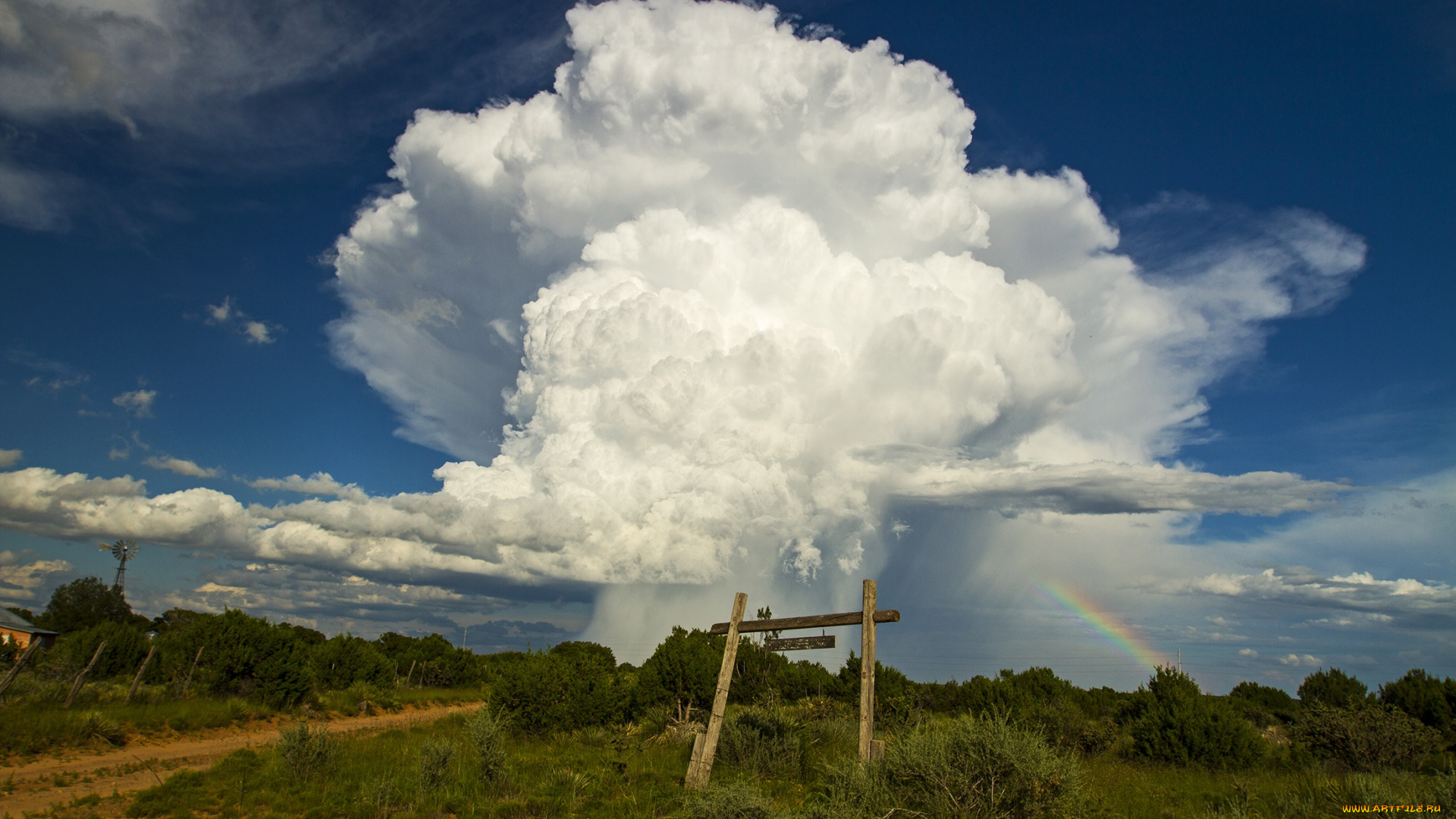 природа, облака, дорога, небо, радуга