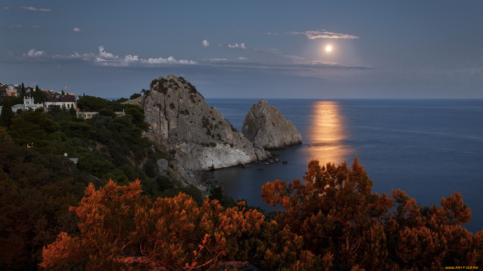 природа, побережье, море, крым, сергей, шульга, небо, скалы, вечер, лунная, дорожка, берег, луна