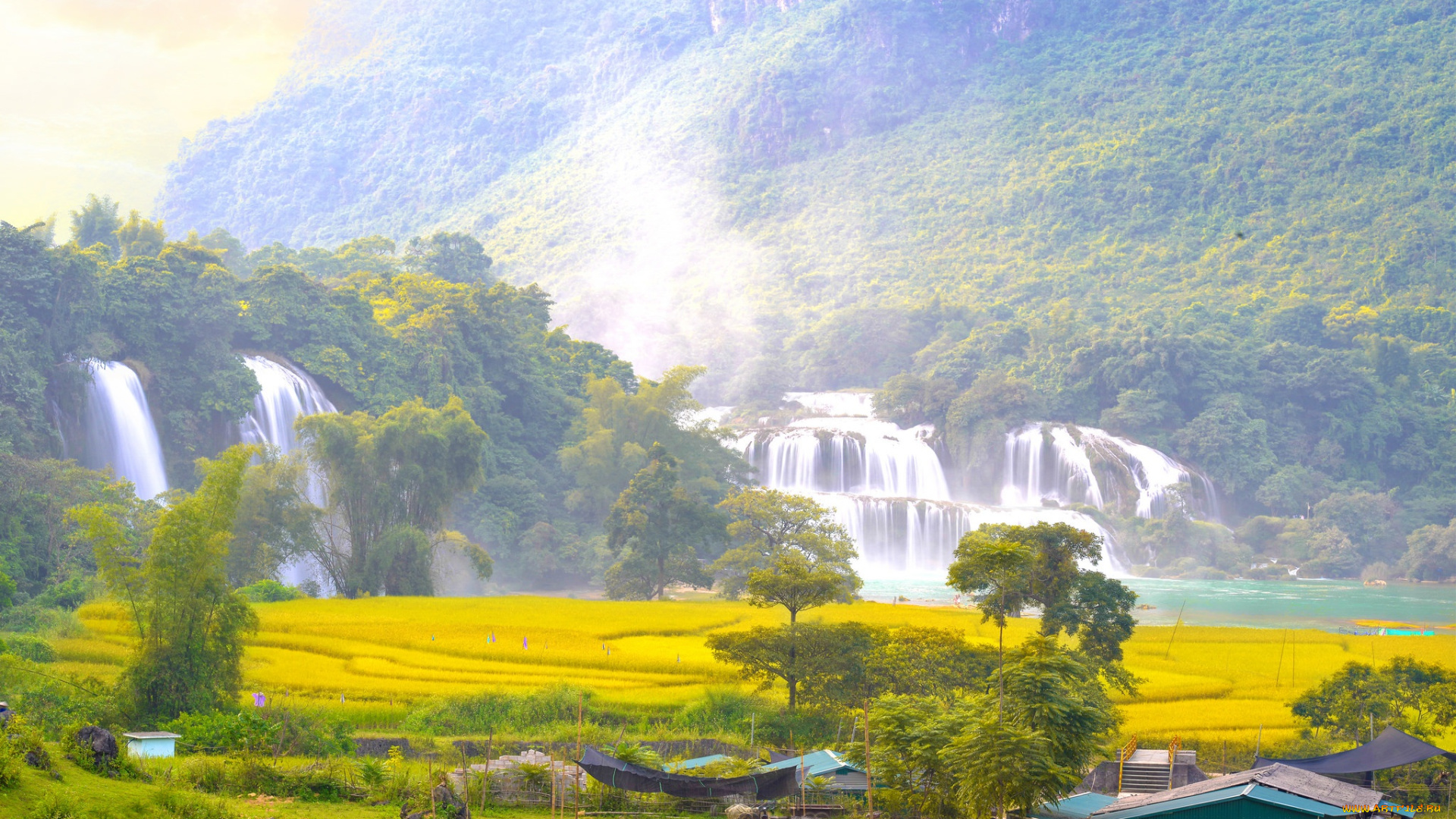 природа, водопады, панорама, водопад, деревья, красота, водоем, горы