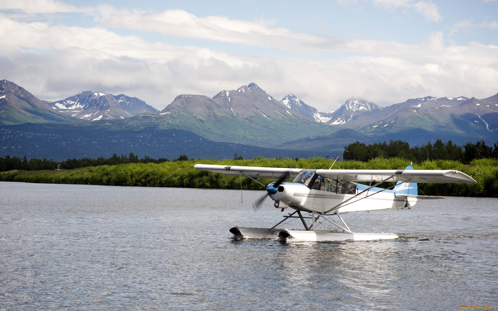 авиация, самолёты, амфибии, горы, на, воде, гидросамолет, пейзаж, река, облака