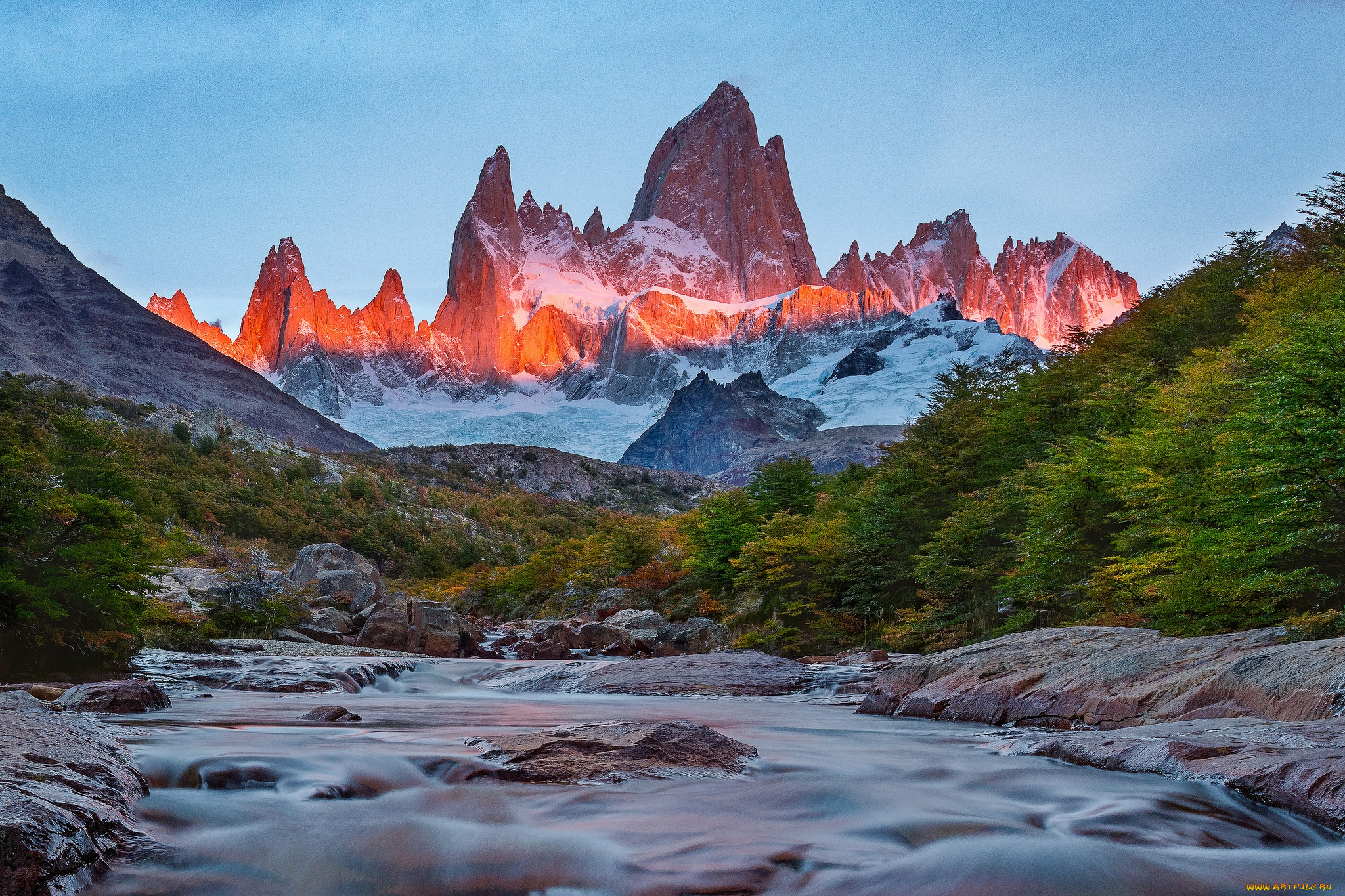 природа, горы, пик, деревья, река