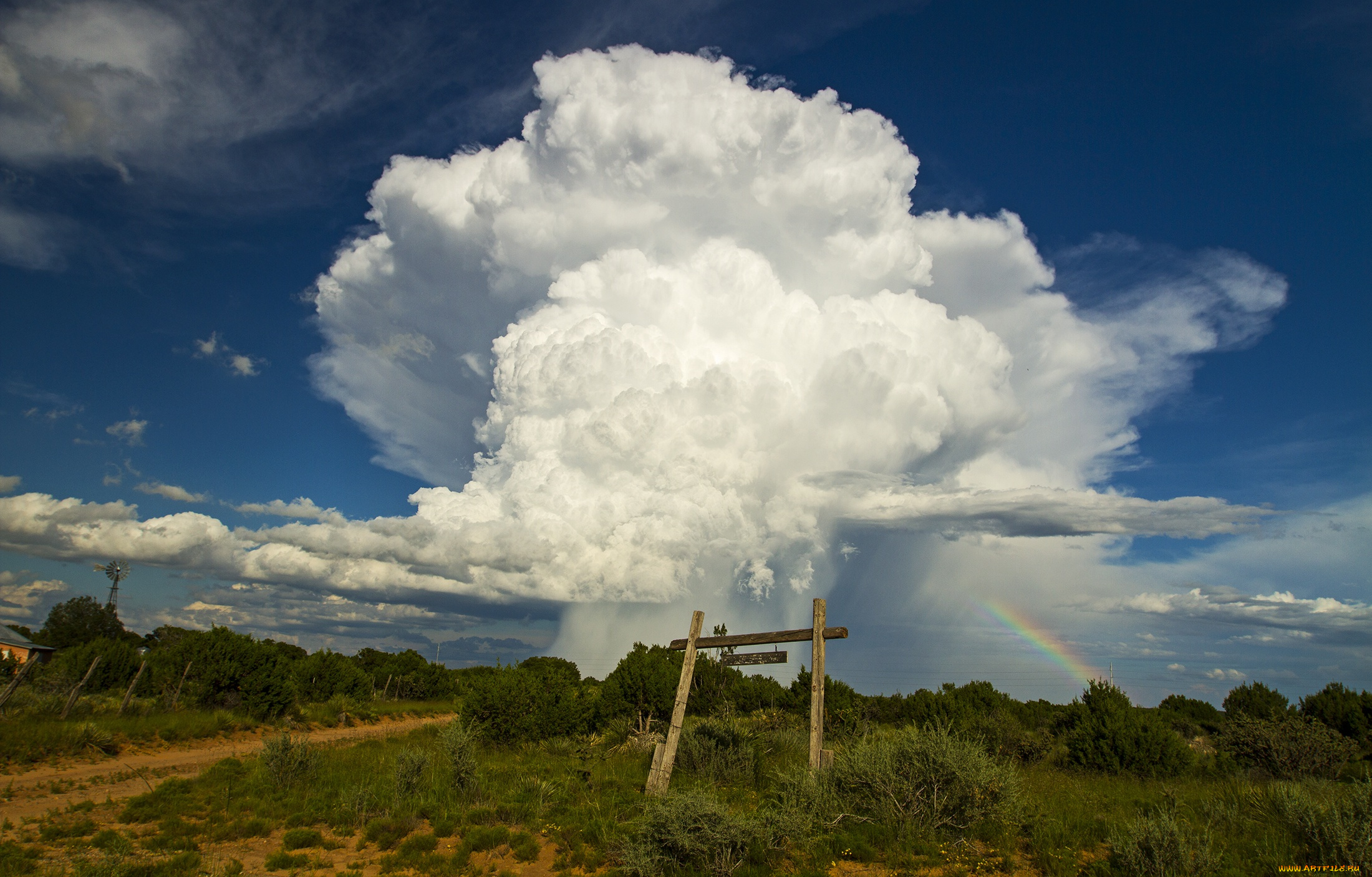 природа, облака, дорога, небо, радуга
