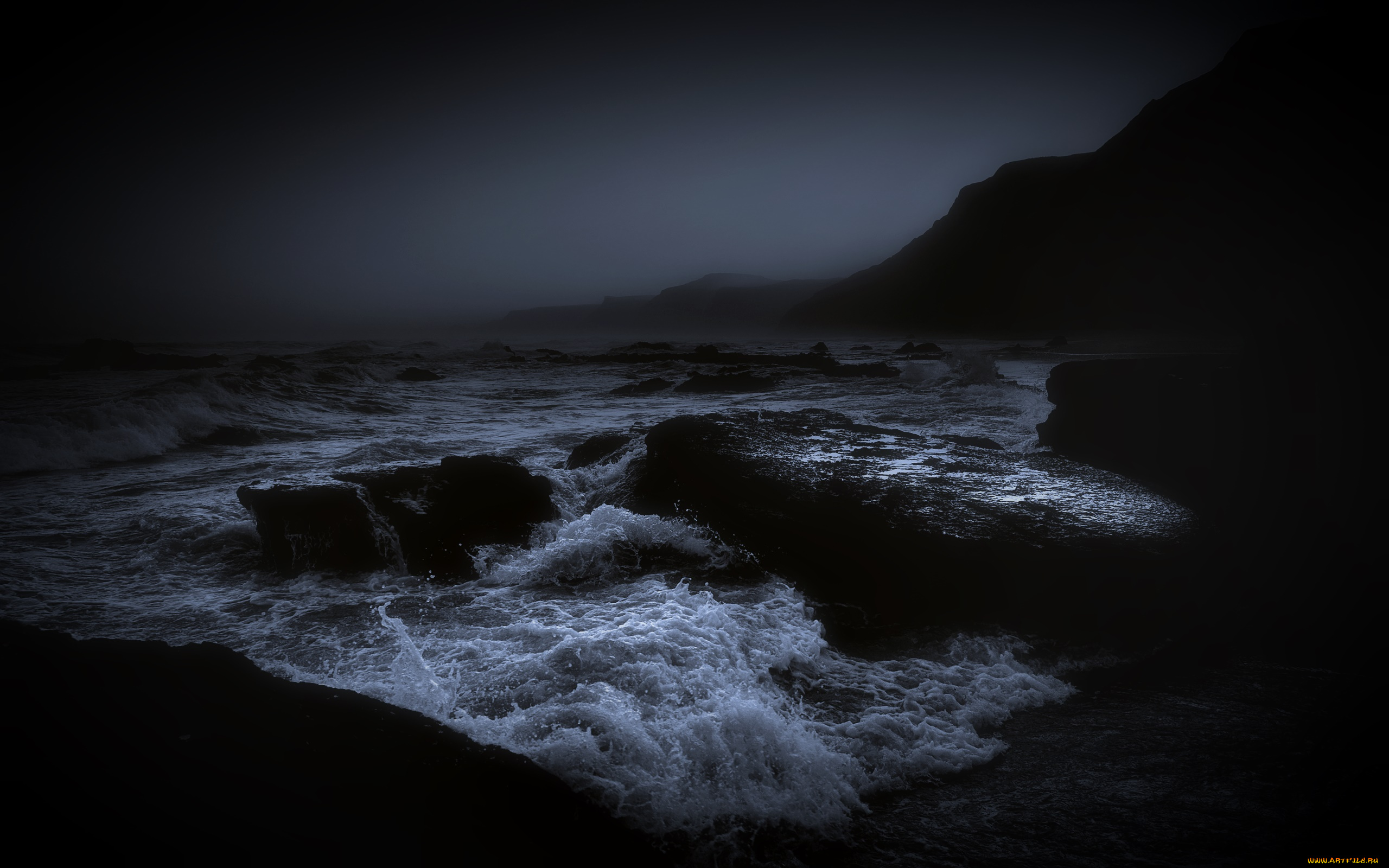природа, побережье, ночь, камни, море