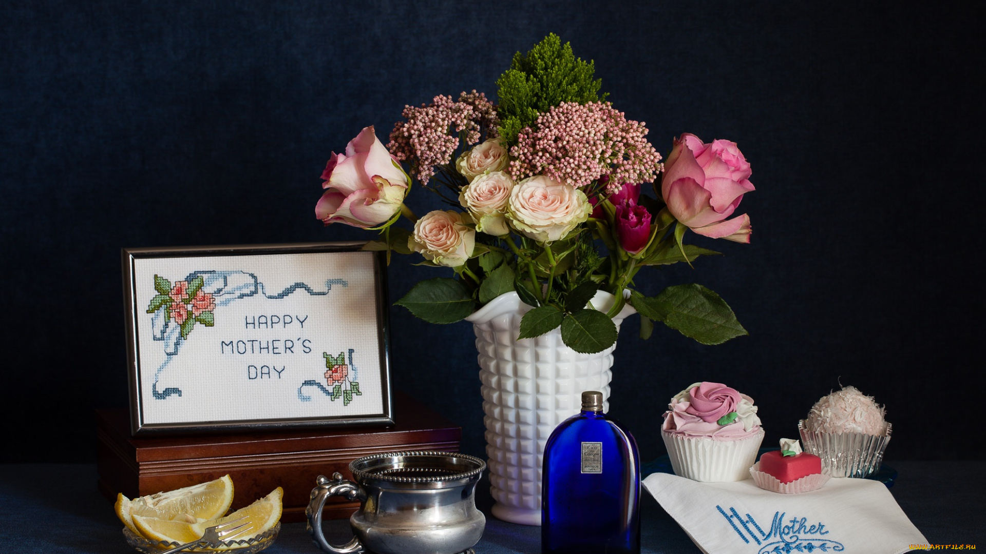 цветы, розы, букет, цитрус, лимон, пирожные, натюрморт