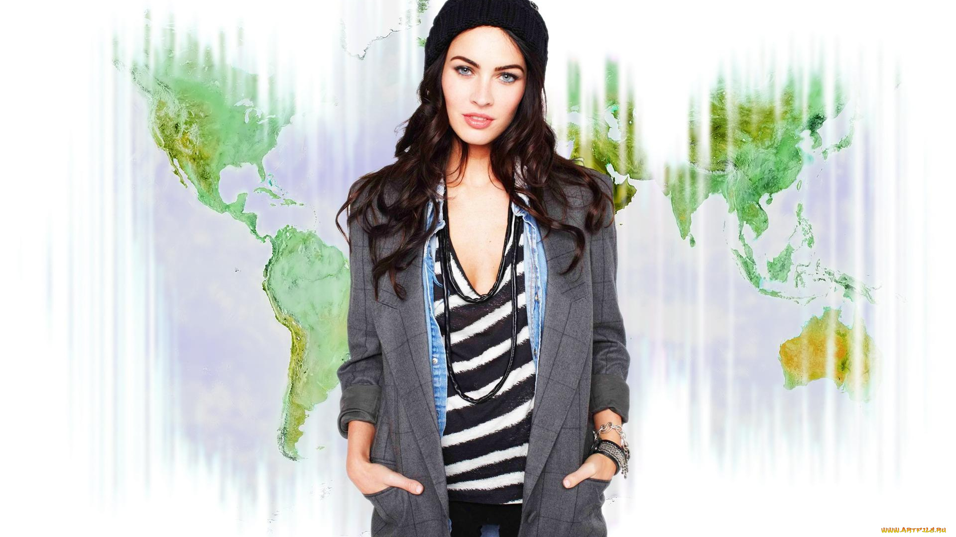 девушки, megan, fox, актриса, шапка, шатенка, бусы, пальто, карта