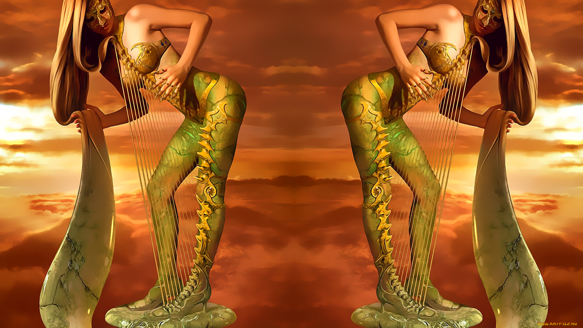 календари, 3д-графика, маска, 2019, calendar, арфа, музыка, девушка