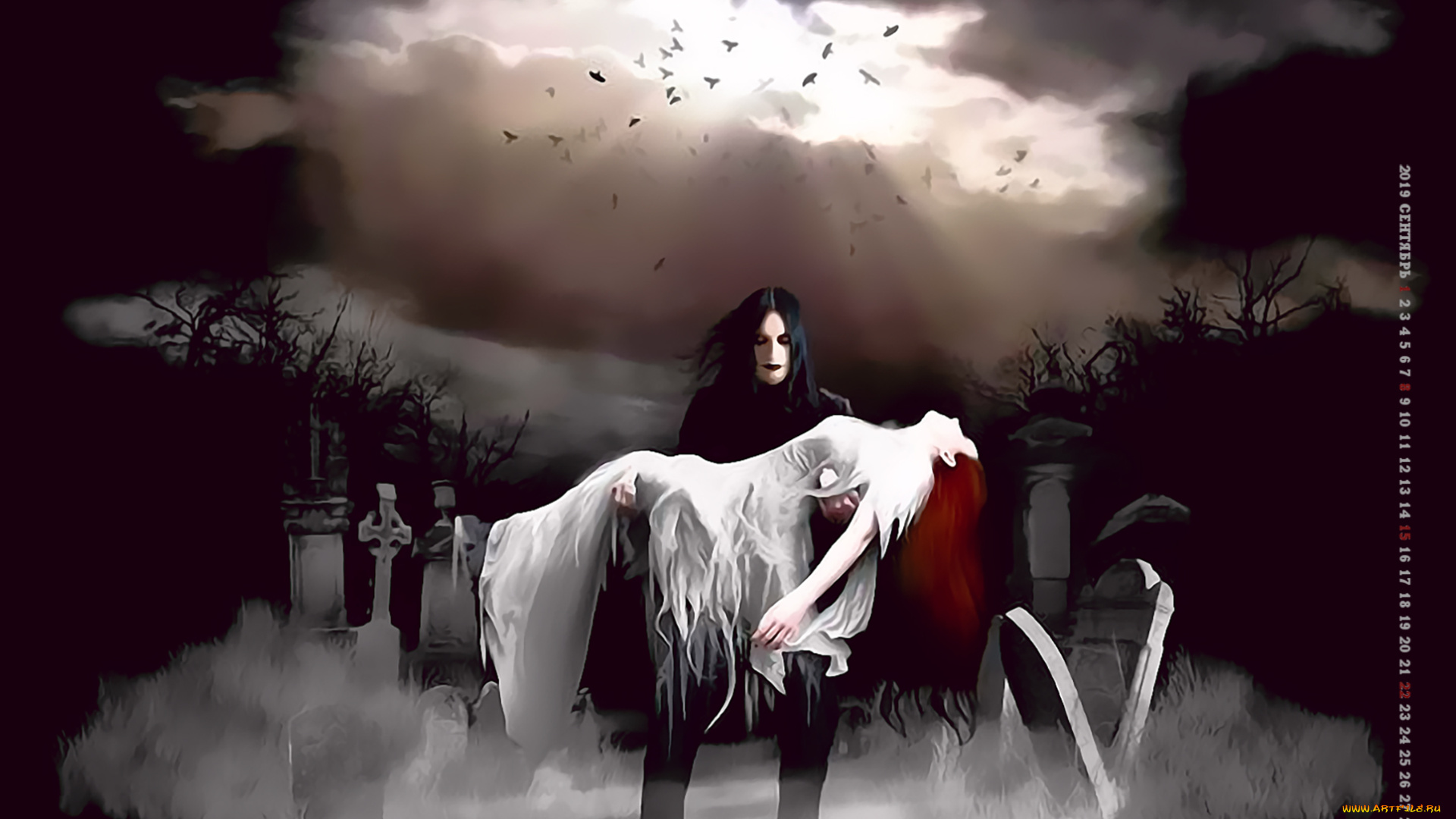 календари, фэнтези, 2019, девушка, мужчина, кладбище, крест, женщина, calendar