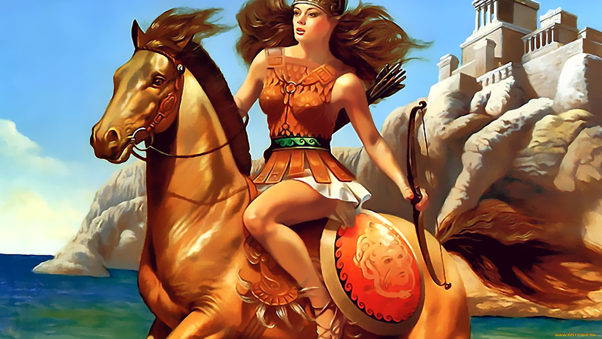 календари, фэнтези, водоем, лошадь, девушка, воительница, calendar, конь, женщина, 2019