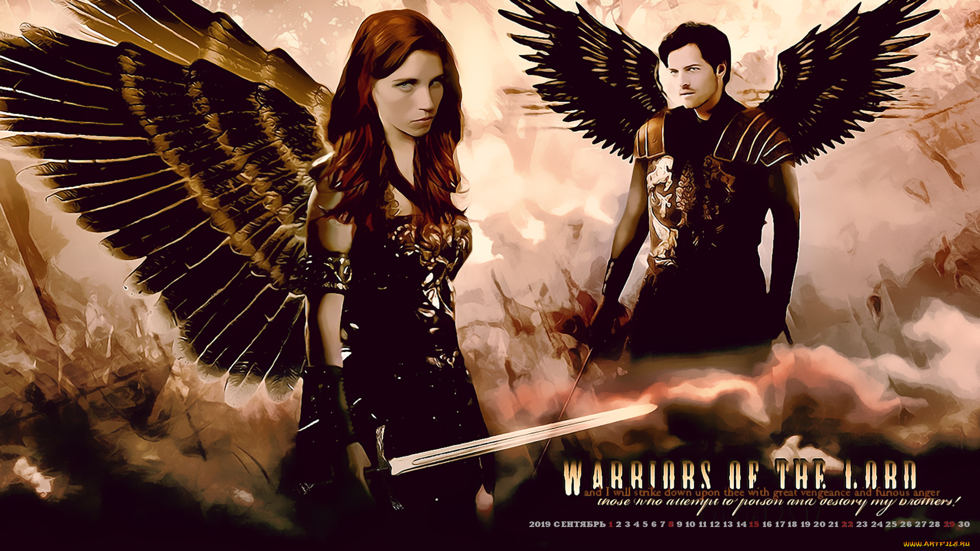 календари, кино, , мультфильмы, девушка, calendar, 2019, крылья, оружие, мужчина, женщина